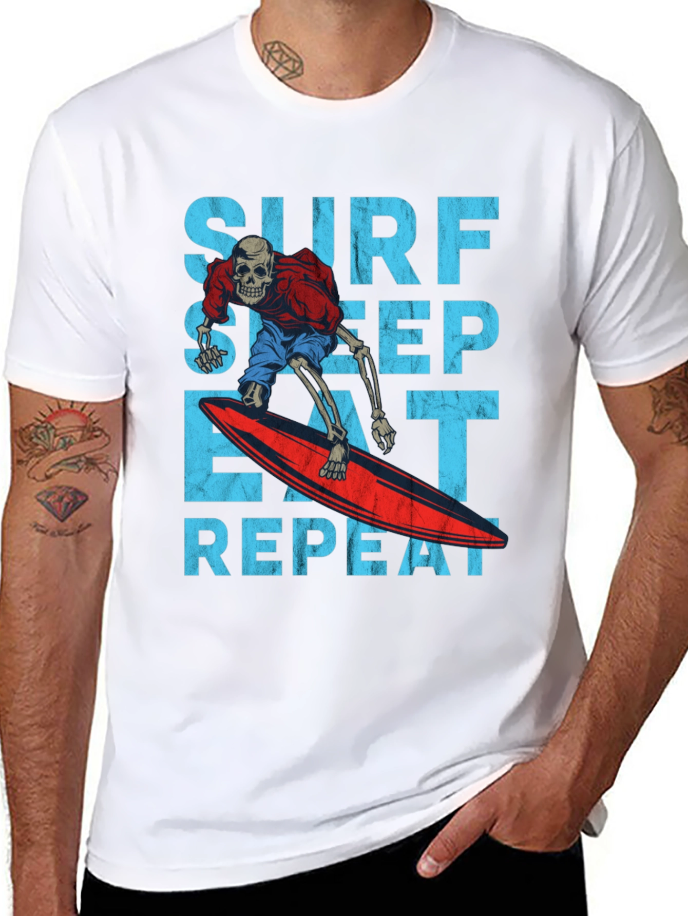 Black Surf Sleep Eat Repeat Skeleton Surfer Graphic Tee view 8