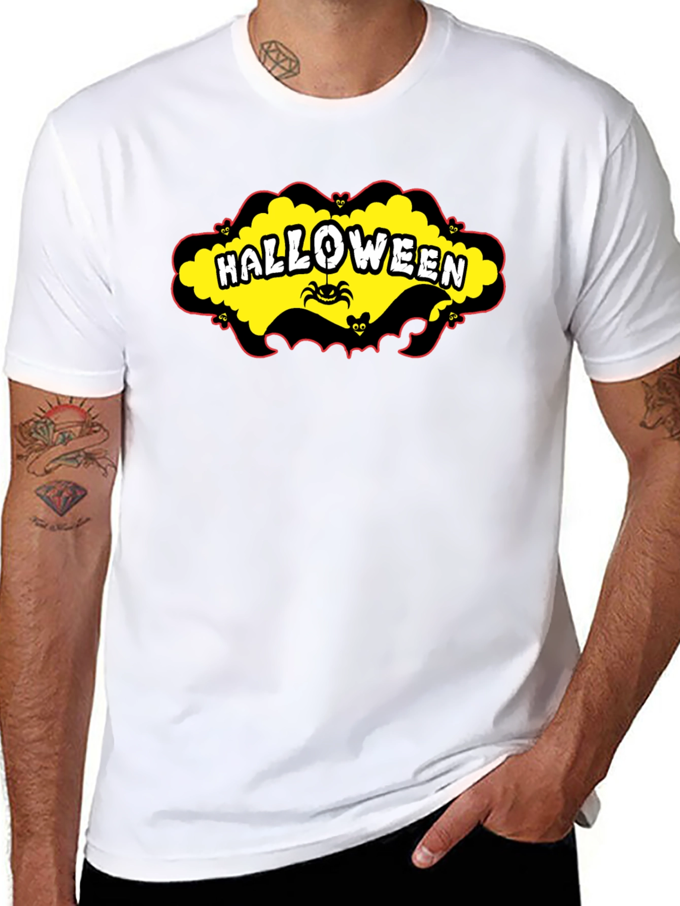 Black Halloween T-Shirt - Spooky Spider & Bats Design view 8