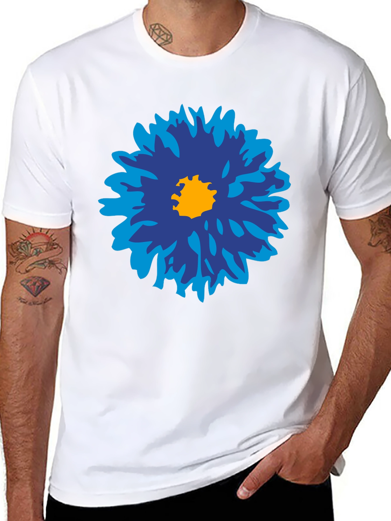 Black Blue Flower Graphic Tee - Men's Black Cotton T-Shirt view 8