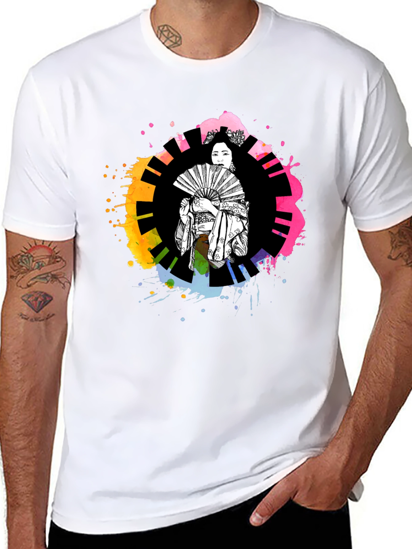 Black Geisha Art T-Shirt - Colorful Piano Design view 8