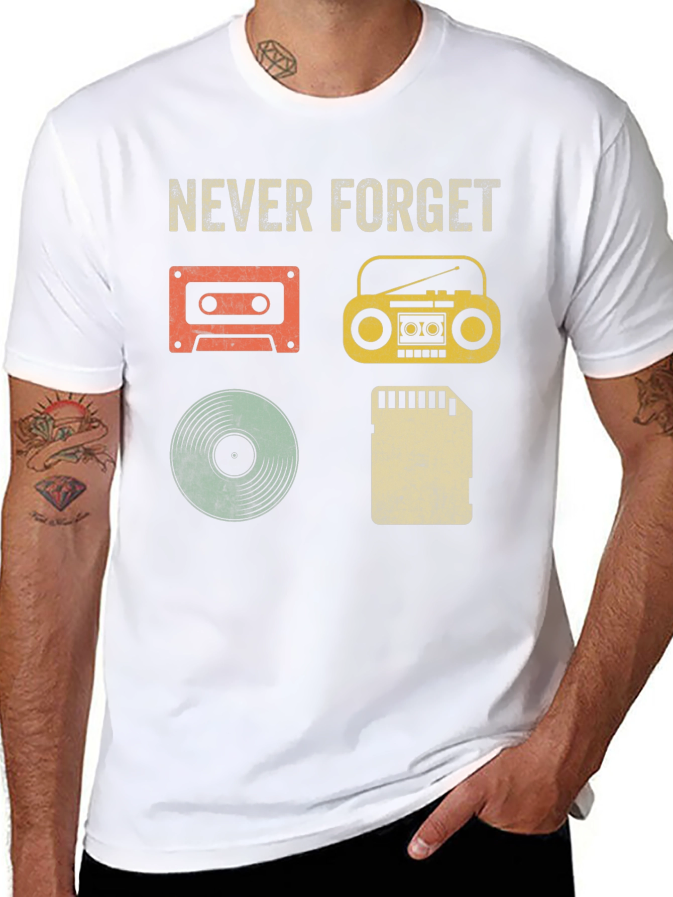 Black Retro Music T-Shirt - Never Forget Media Evolution view 8