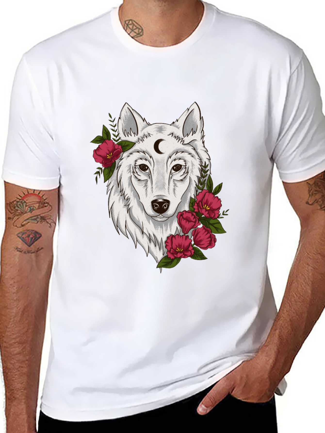Black Wolf Moon & Flower Graphic T-Shirt - Mens view 8