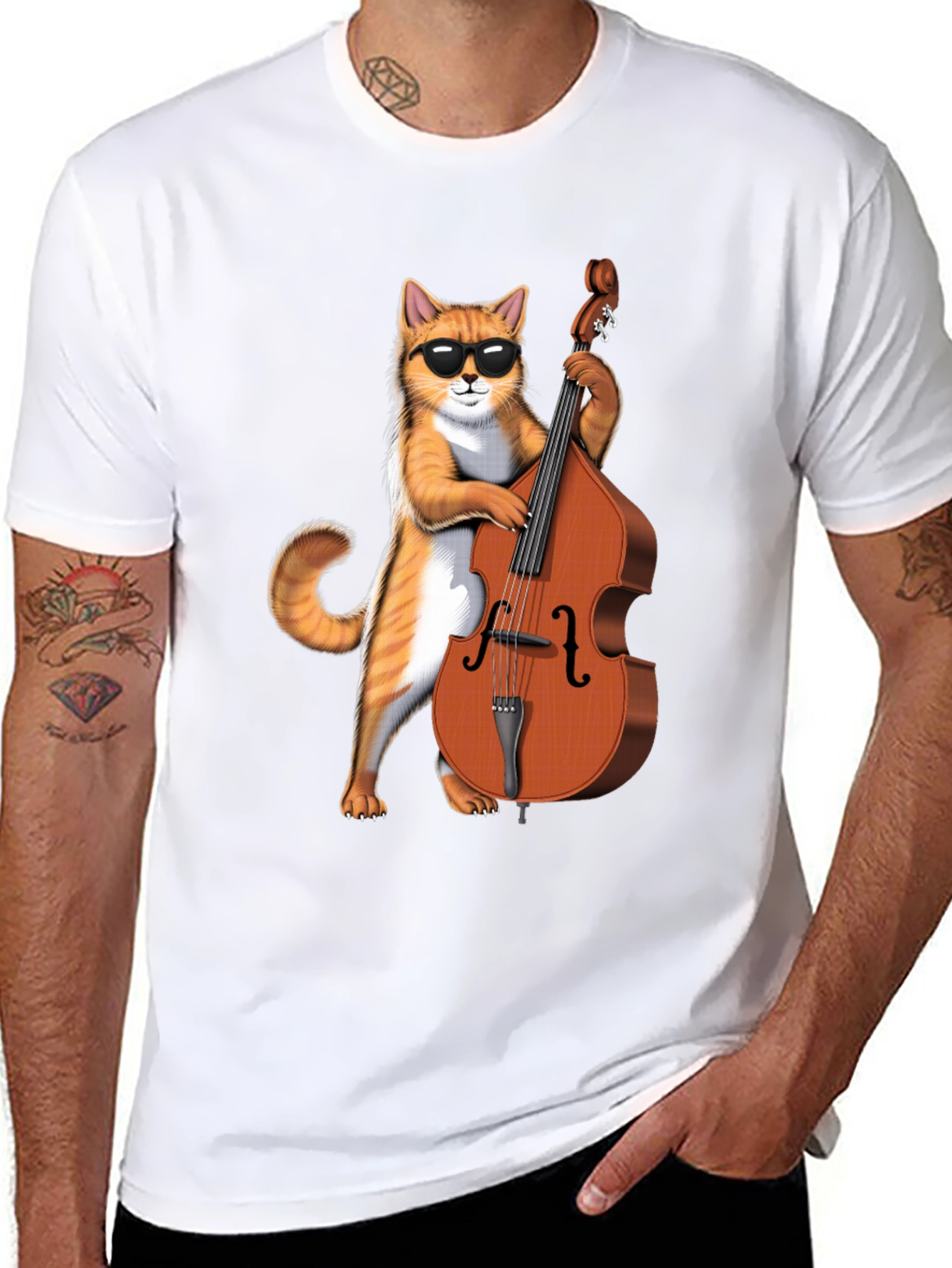 Black Cool Cat Bass Player Graphic Tee - Black Cotton view 8