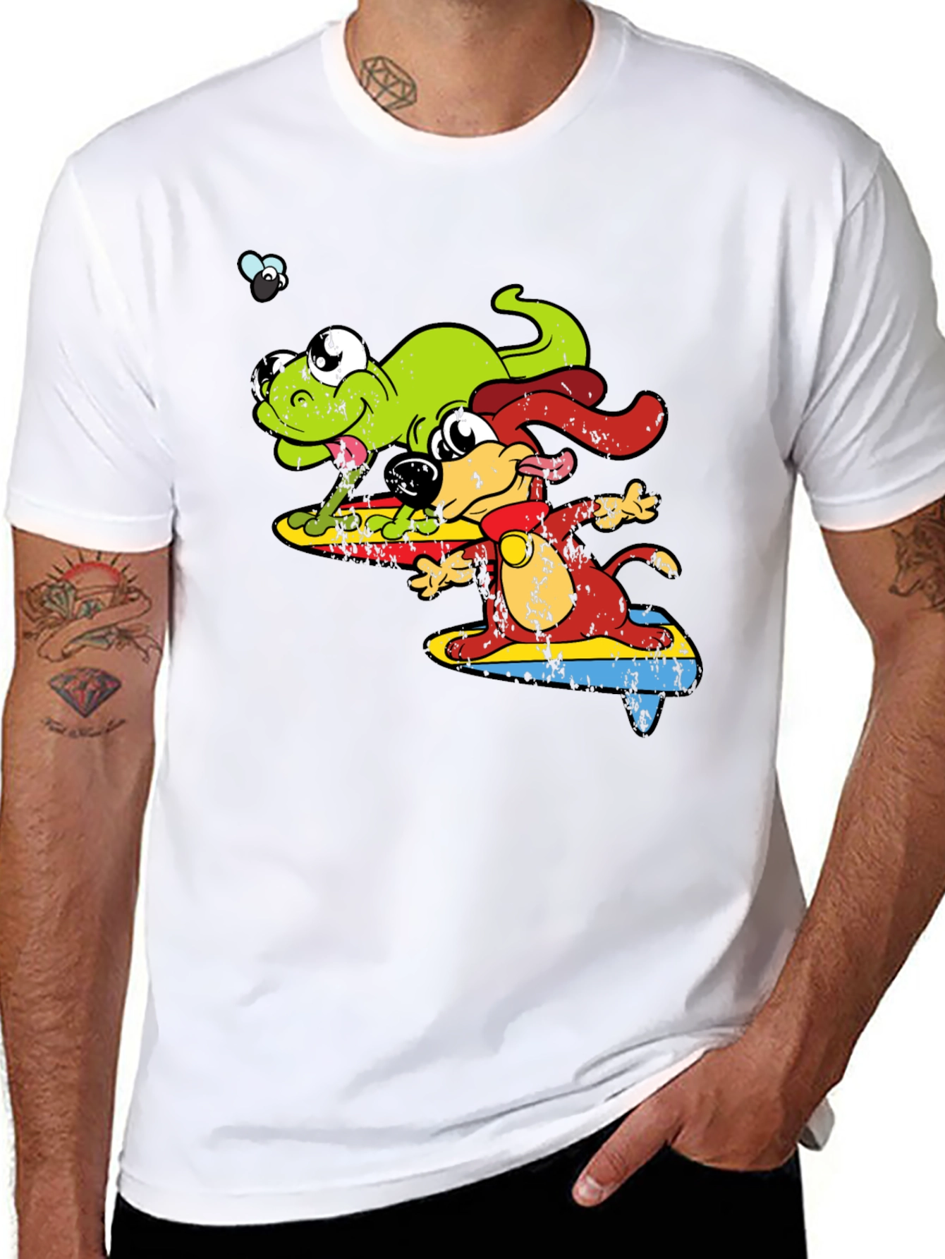 Black Cartoon Dog and Lizard Surfing Black T-Shirt view 8