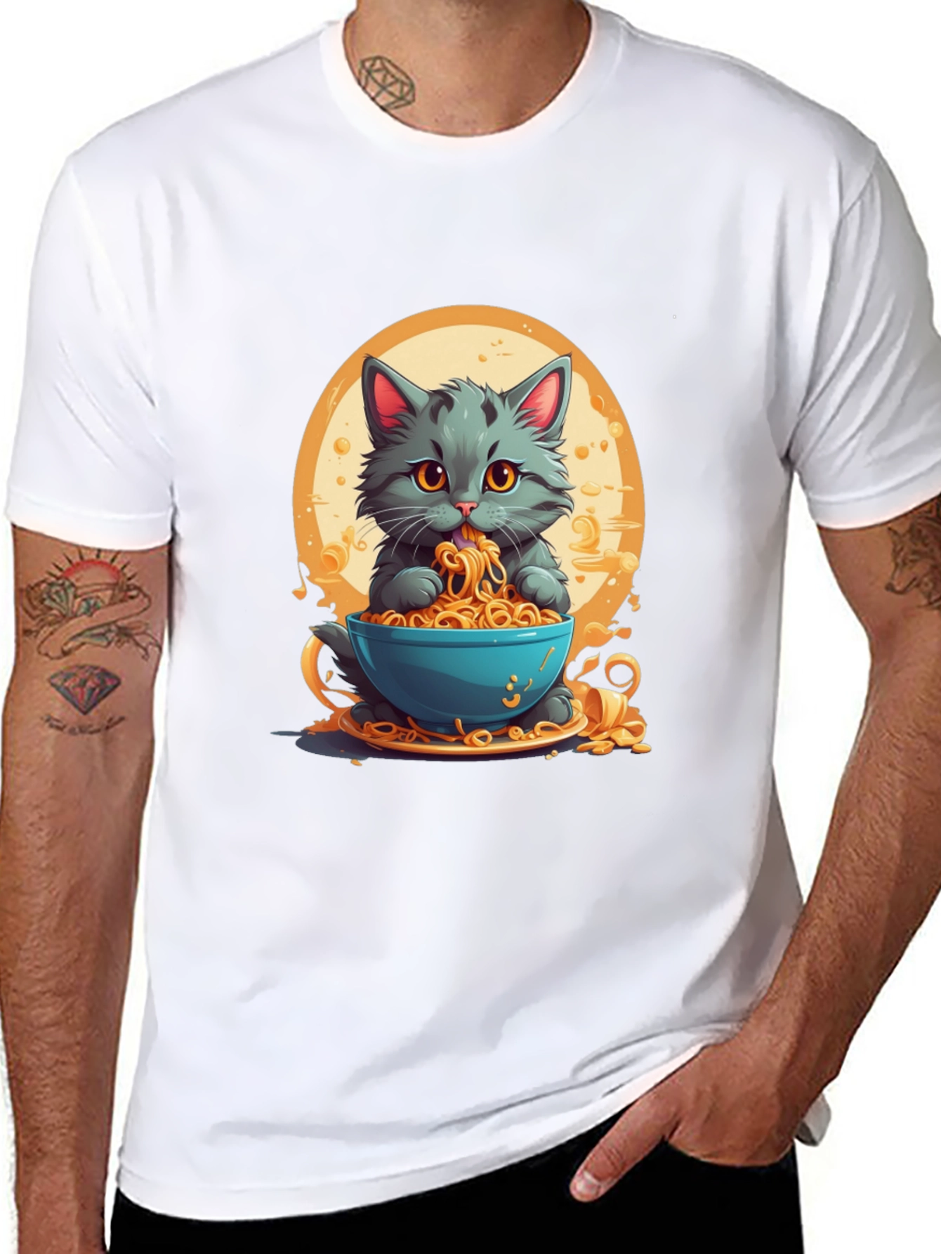 Black Cat Eating Noodles Graphic T-Shirt view 8