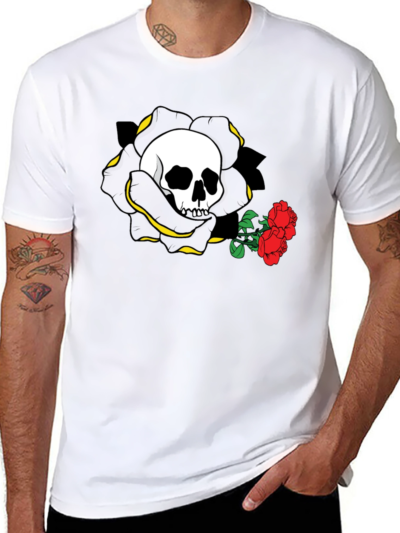 Skull and Roses Graphic Tee - Black Cotton Casual Shirt - 8