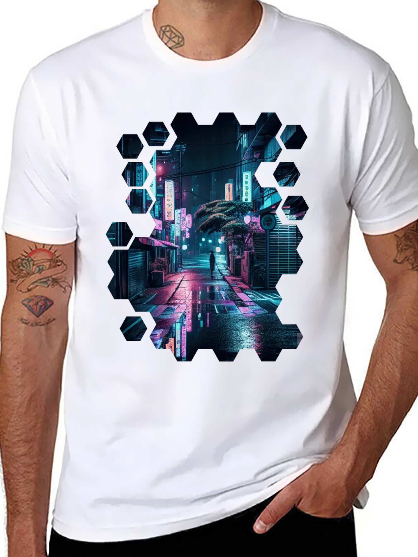 Black Cyberpunk Cityscape Black T-Shirt view 8