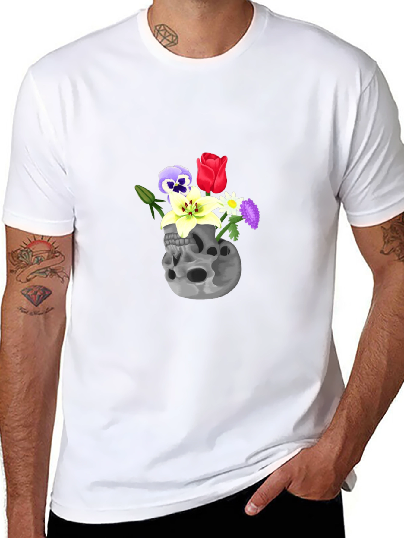 Black Skull & Flowers Graphic Tee - Black Cotton T-Shirt view 8