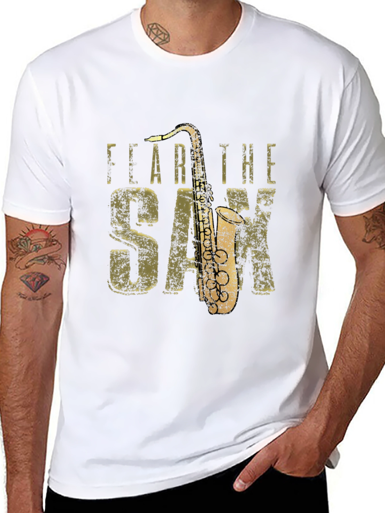 Black Fear the Sax T-Shirt - Black Cotton Tee with Saxophone Graphic view 8