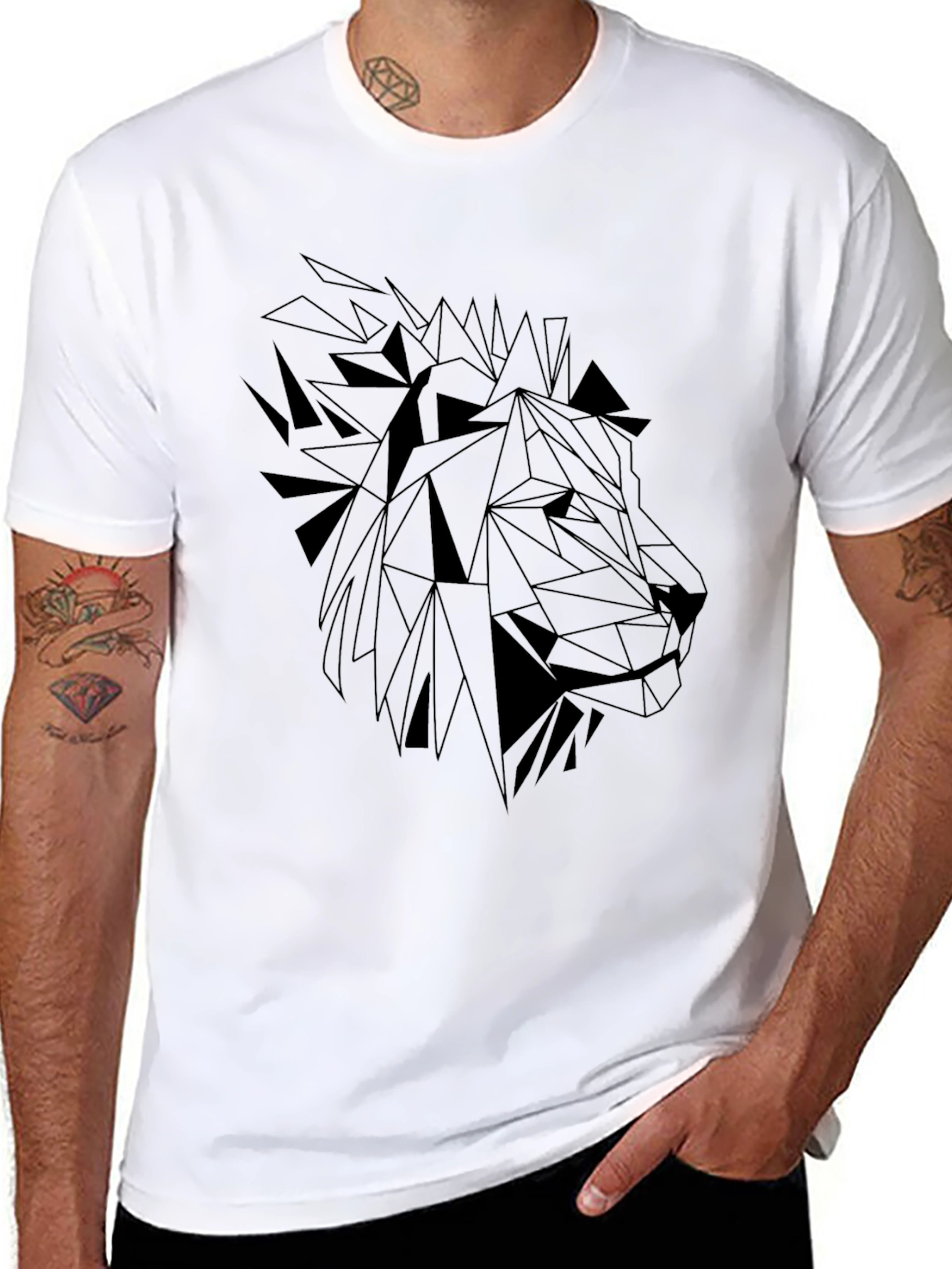 Black Geometric Lion Graphic Tee - Black Cotton Shirt view 8