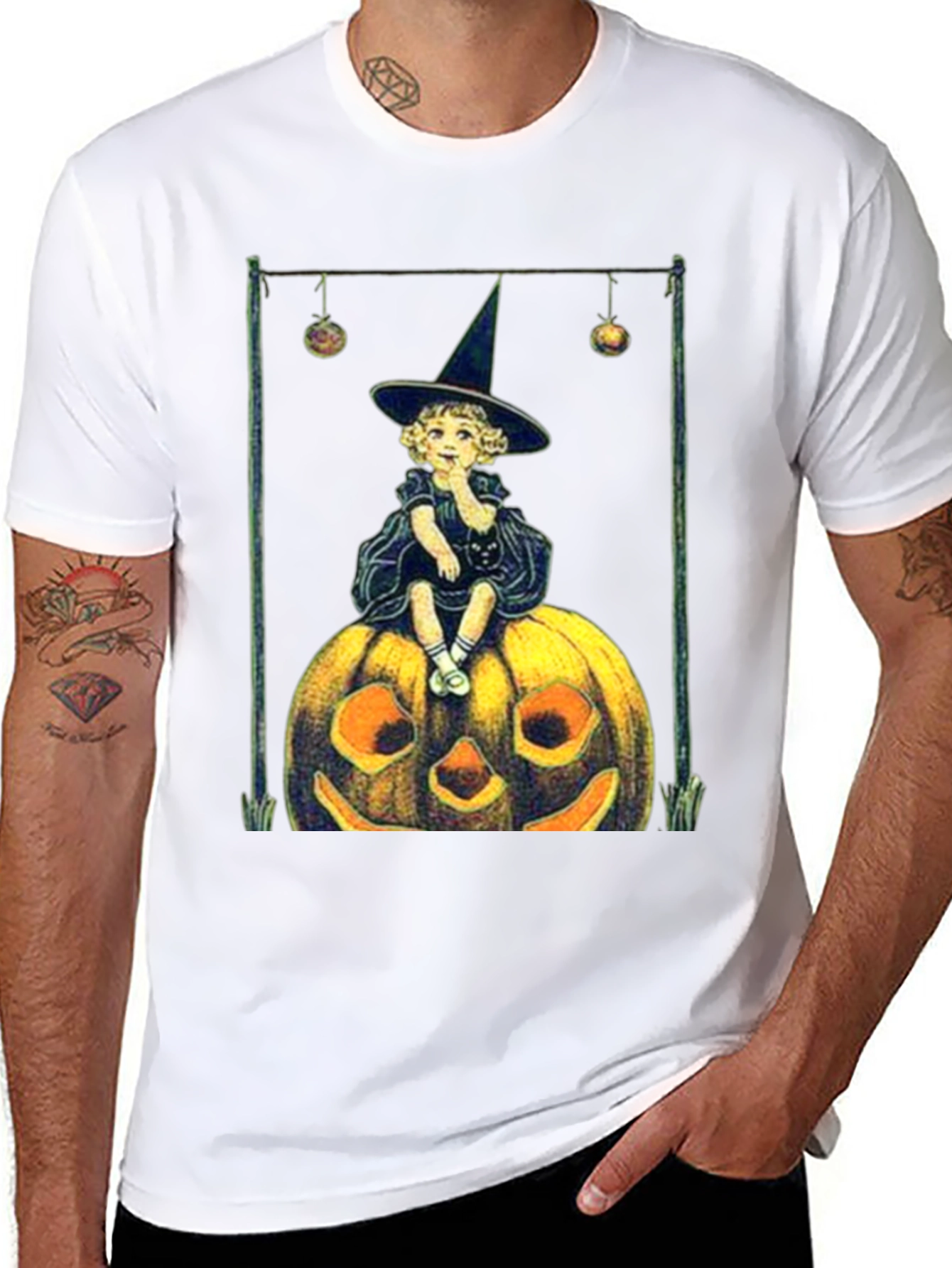 Black Vintage Witch on Pumpkin Halloween Tee view 8