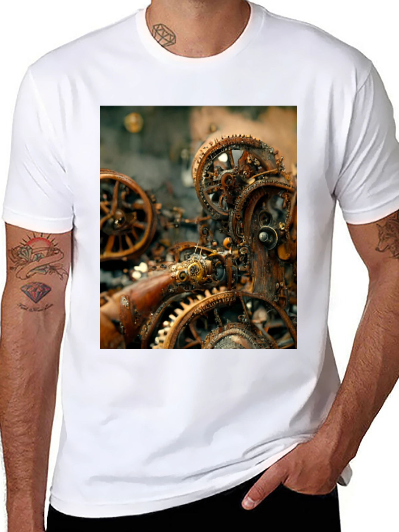 Black Steampunk Gears Graphic Tee - Black Cotton T-Shirt view 8