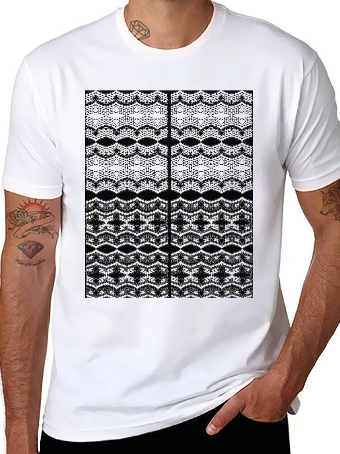 Black Men's Black Patterned Crew Neck T-Shirt view 8