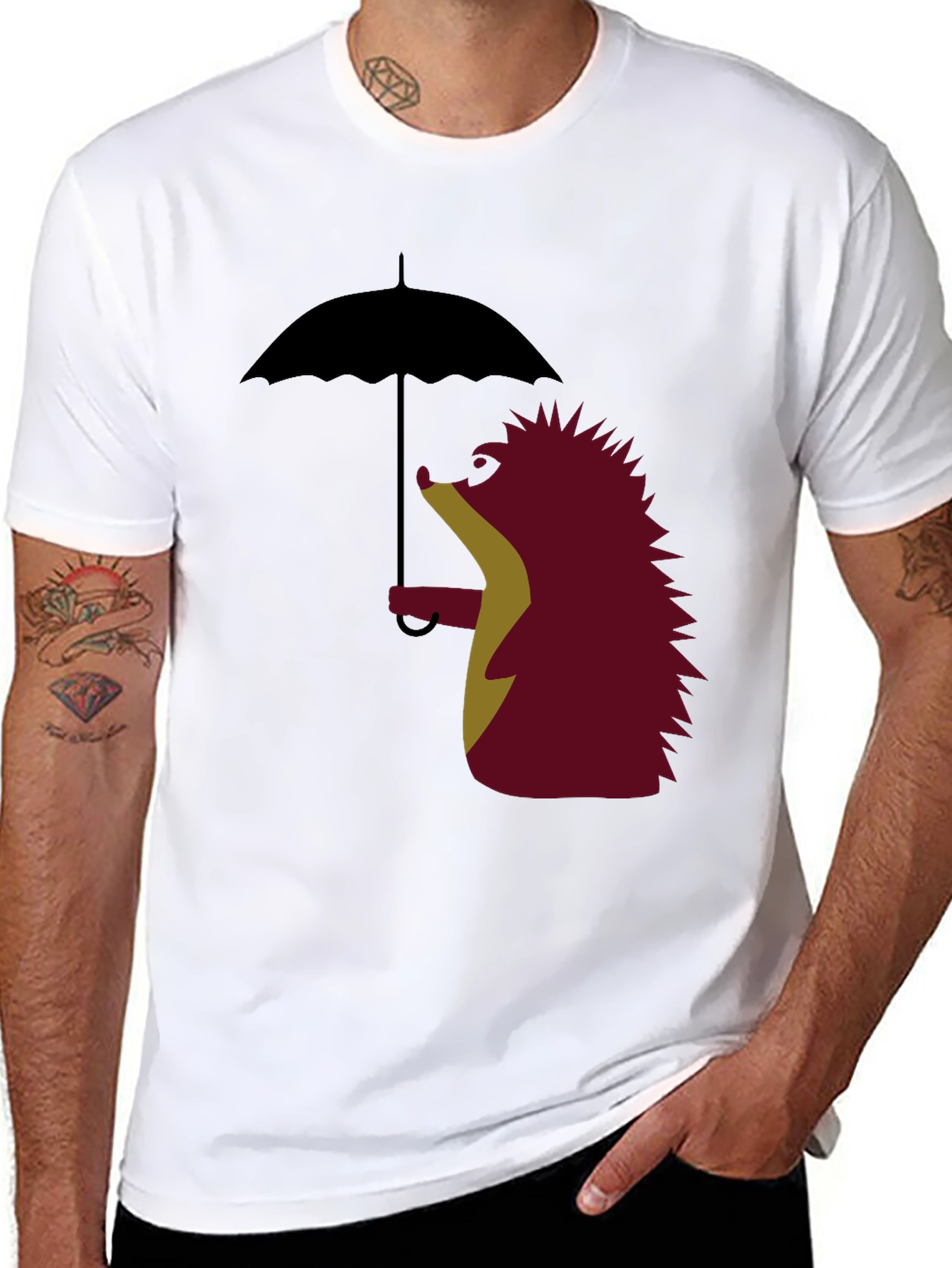 Black Whimsical Hedgehog Under Umbrella Graphic Tee view 8