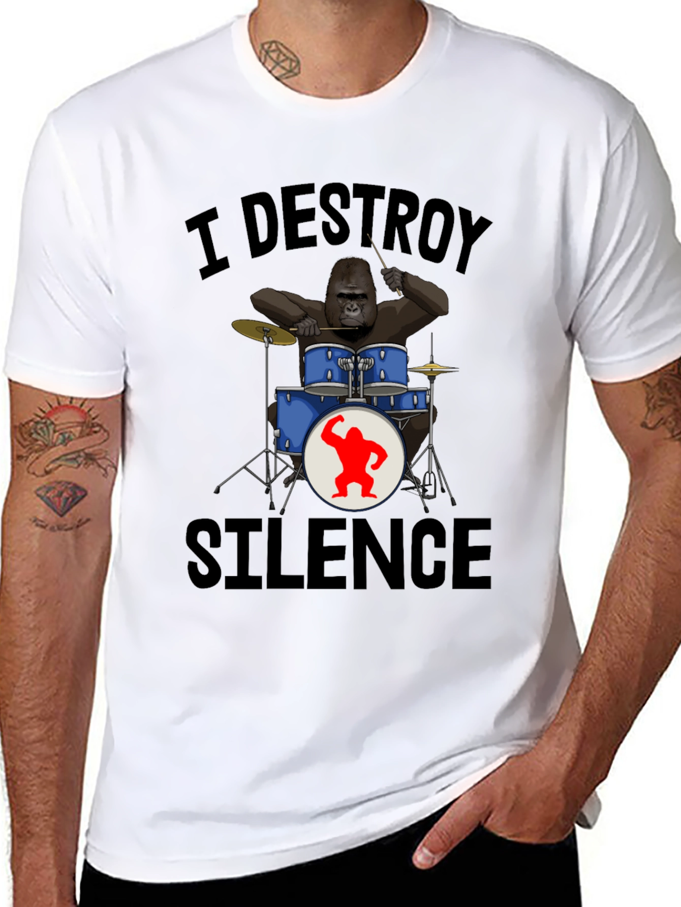 Black I Destroy Silence Gorilla Drummer T-Shirt view 8