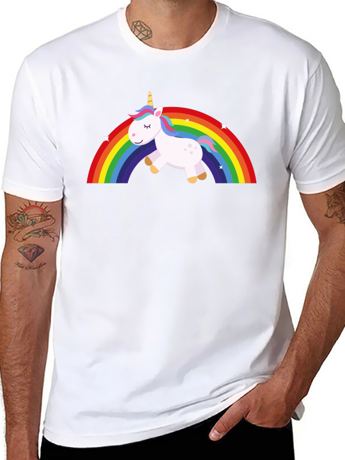 Black Unicorn Rainbow Graphic Tee - Black Cotton T-Shirt view 8