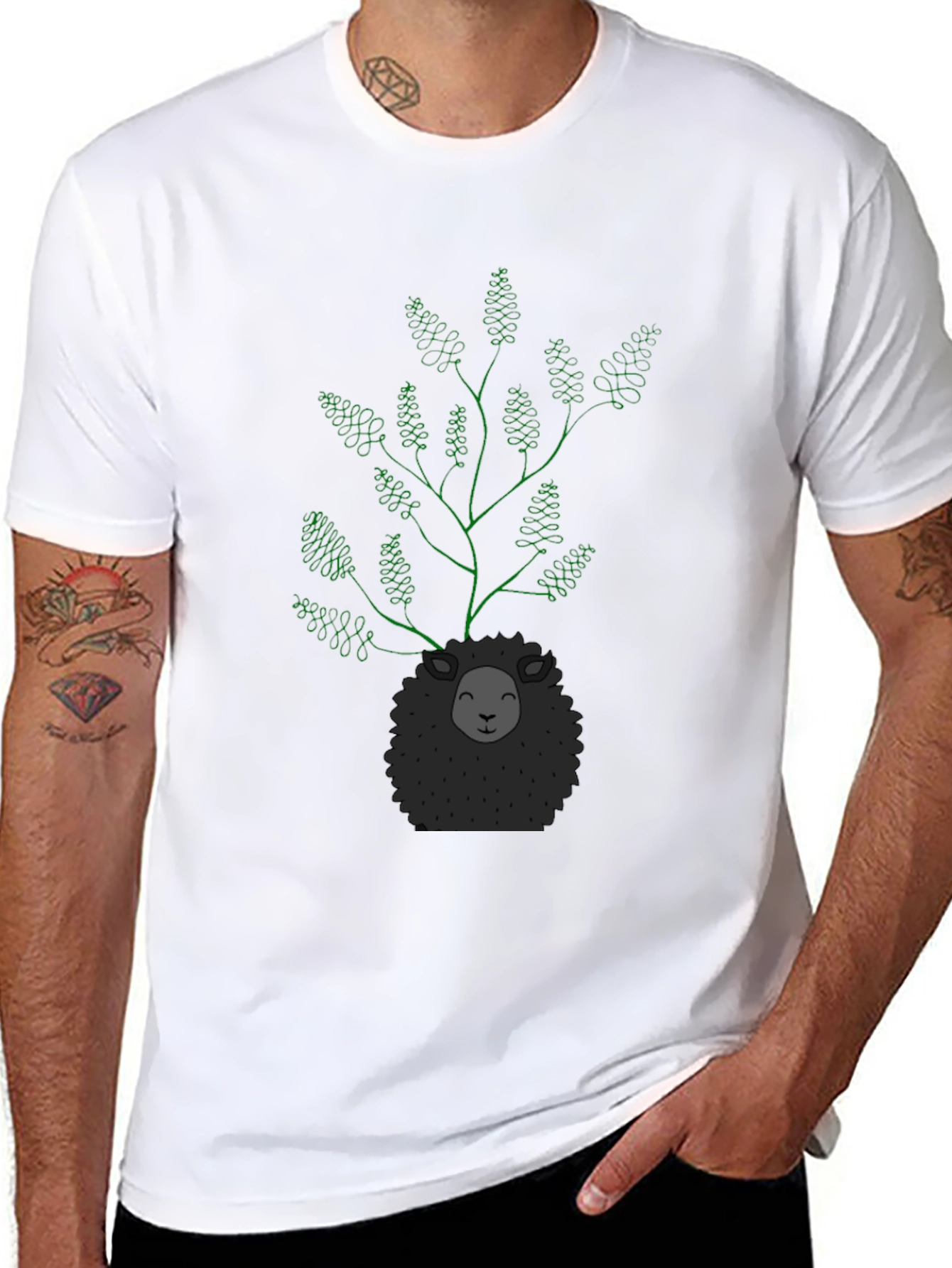 Black Unique Sheep & Tree Graphic Black T-Shirt view 8