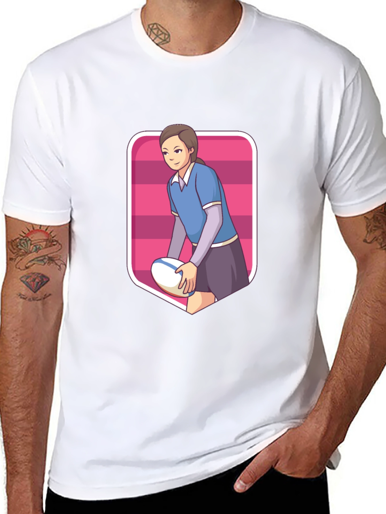 Black Rugby Girl Graphic Tee - Sporty Cartoon Style view 8