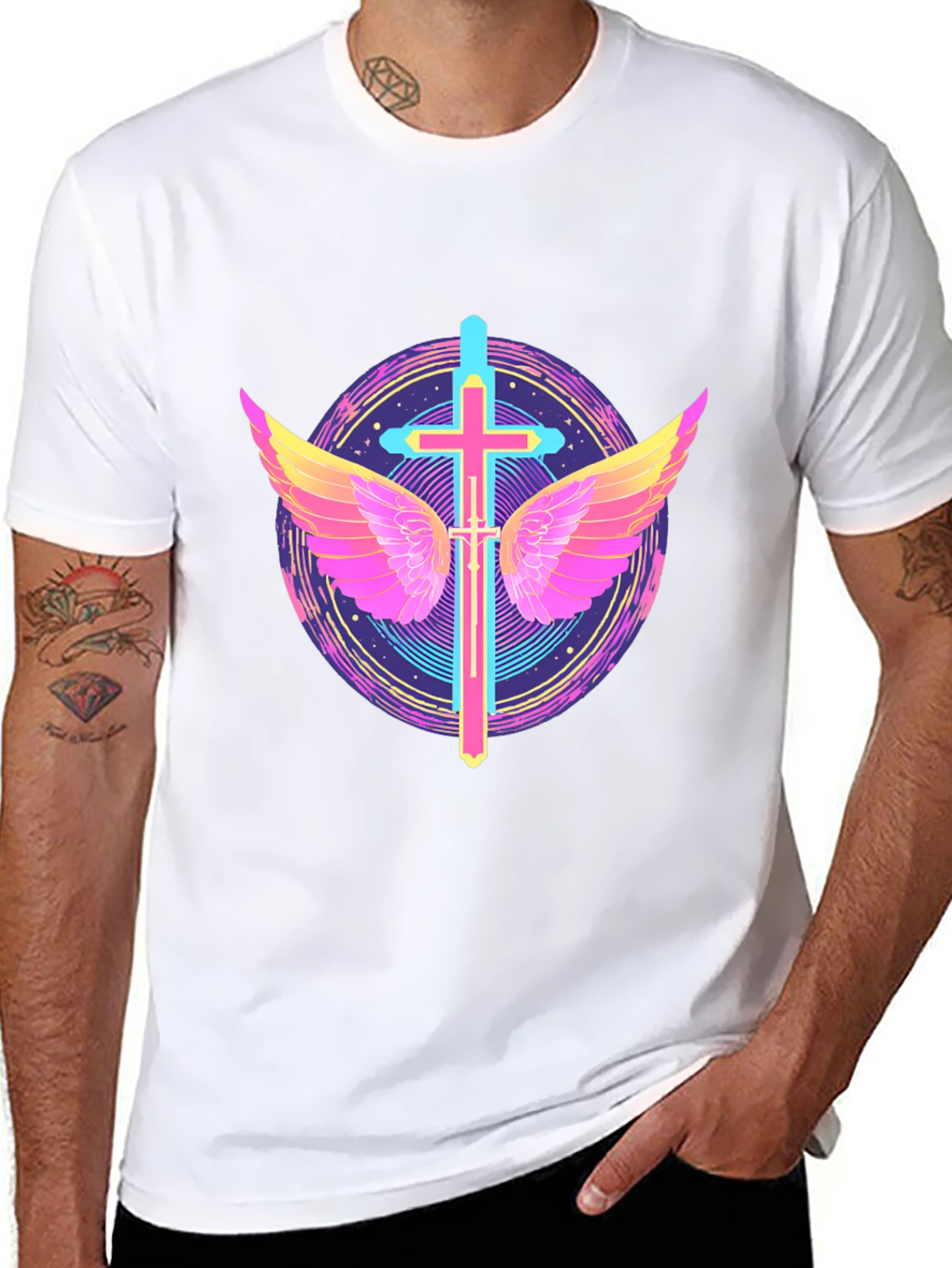 Black Neon Cross & Wings Graphic Black T-Shirt view 8