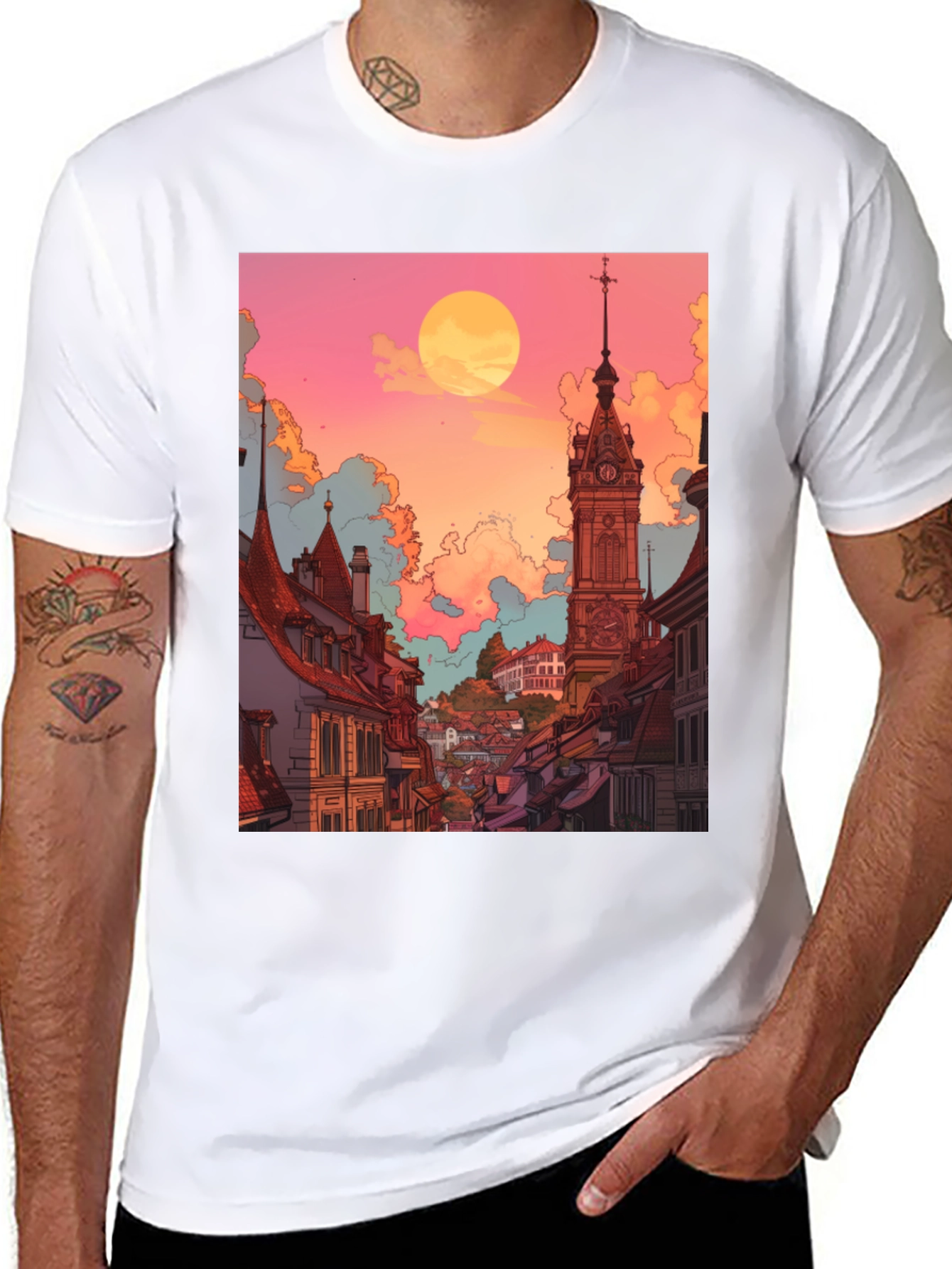Black Retro Cityscape Graphic Tee - Unisex Black T-Shirt view 8