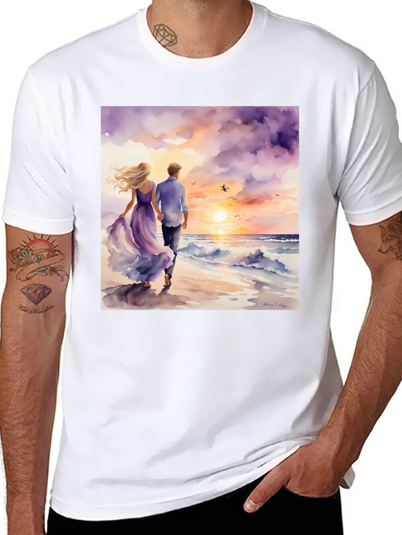 Black Romantic Sunset Couple T-Shirt view 8