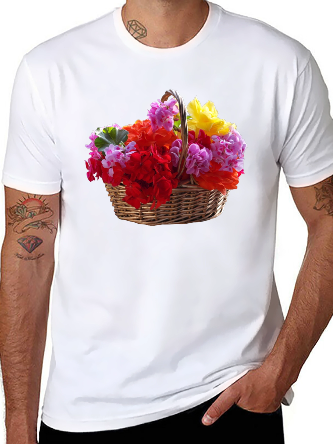 Black Floral Basket Graphic Tee - Mens Casual Short Sleeve T-Shirt view 8