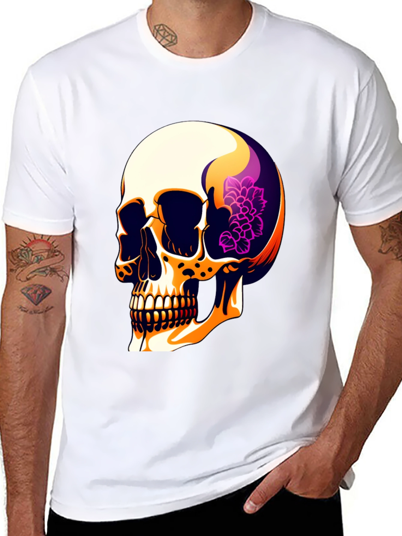 Black Skull & Floral Graphic Print Men's T-Shirt view 8