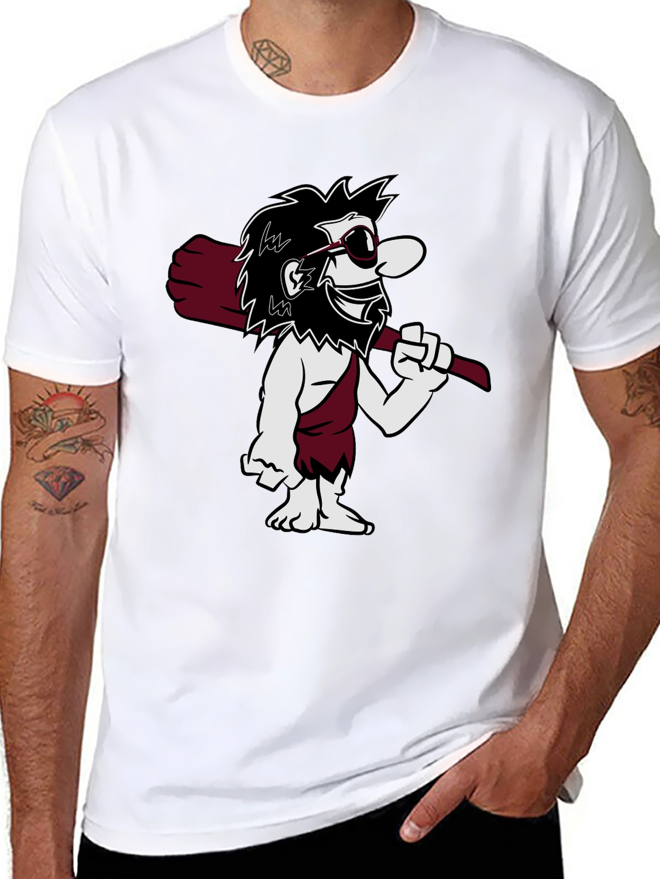 Black Cool Caveman Cartoon Graphic Tee - Black view 8