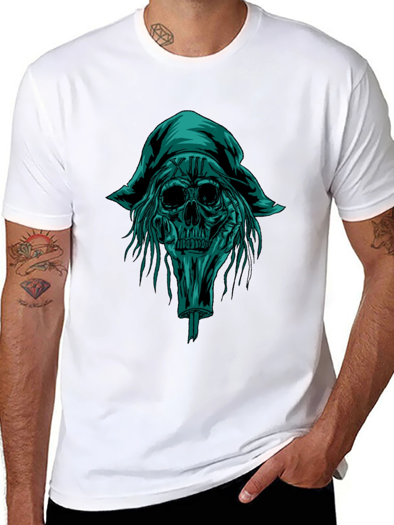 Black Skull Pirate Graphic Tee - Black Cotton T-Shirt view 8