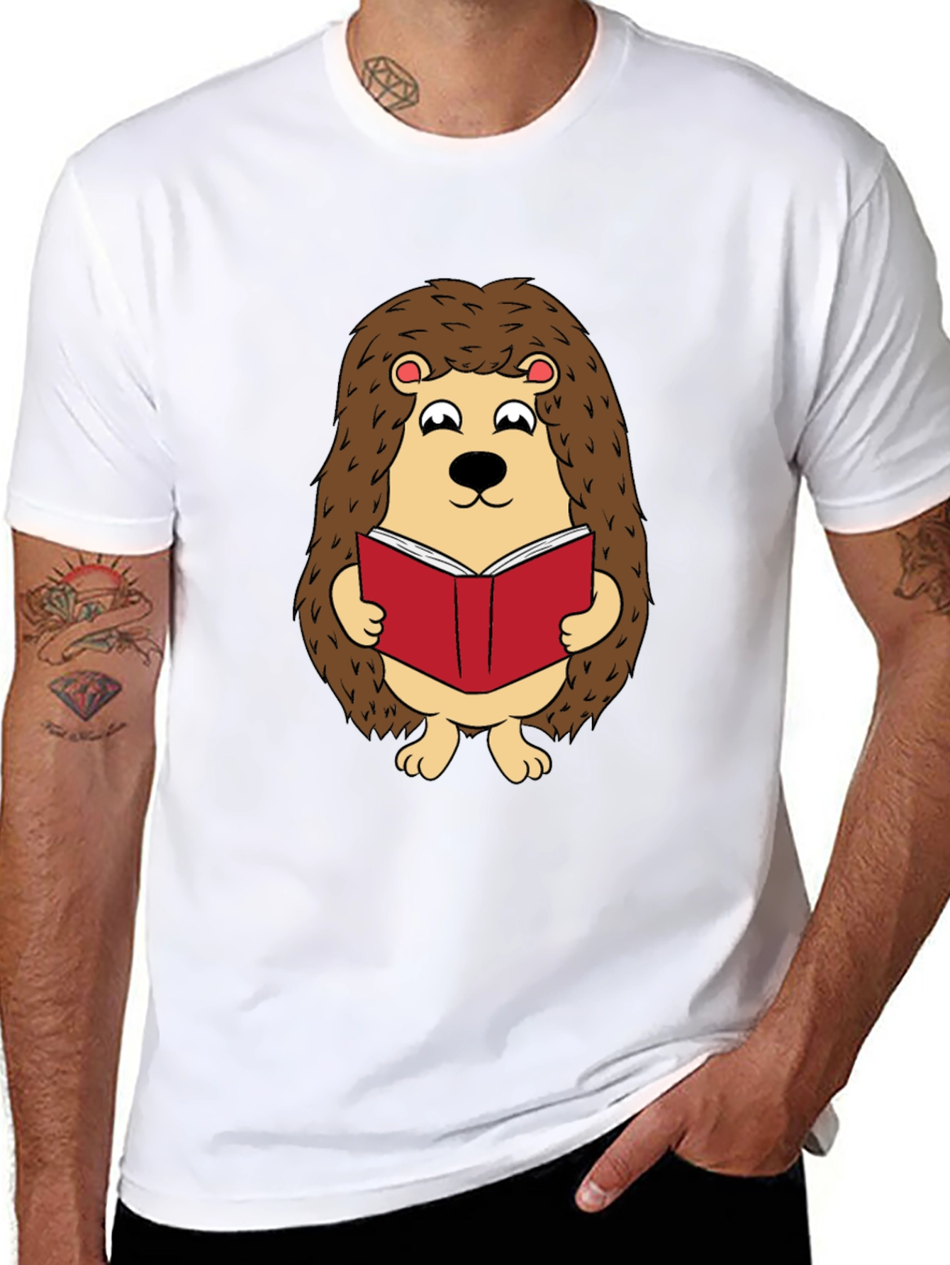 Black Cute Hedgehog Reading Book Graphic T-Shirt view 8