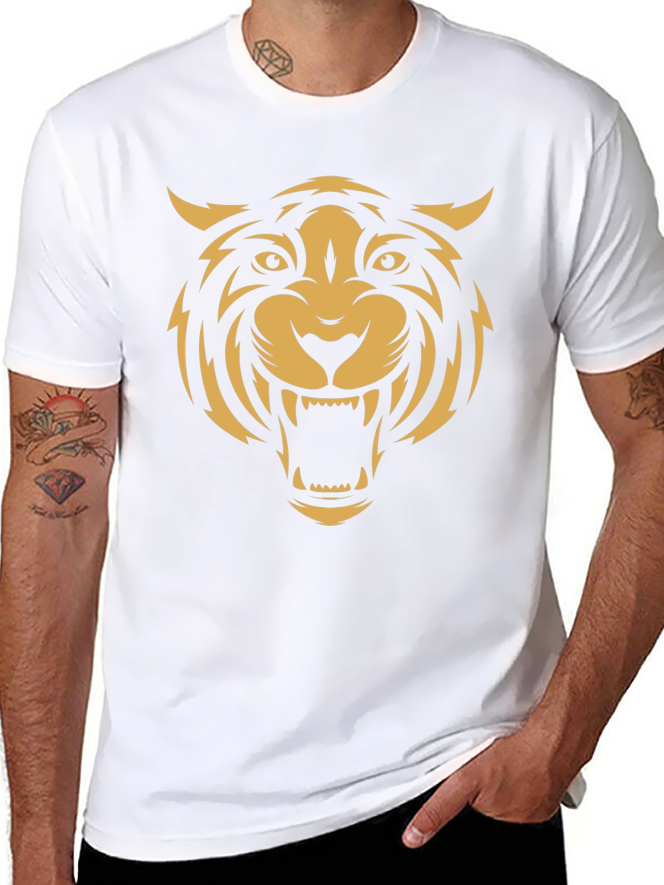 Black Men's Black T-Shirt with Bold Tiger Graphic view 8