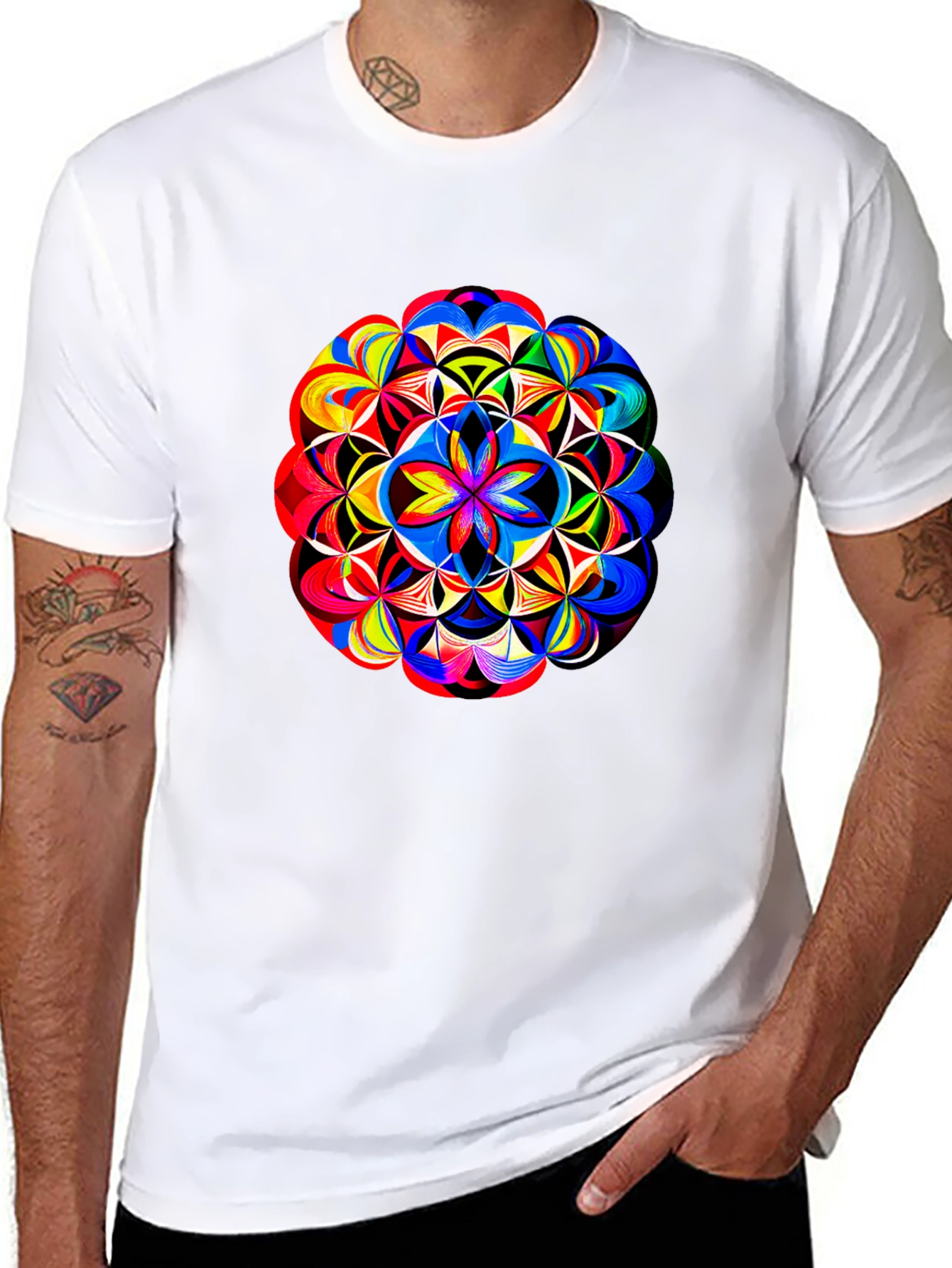 Black Vibrant Geometric Mandala Print Black T-Shirt view 8