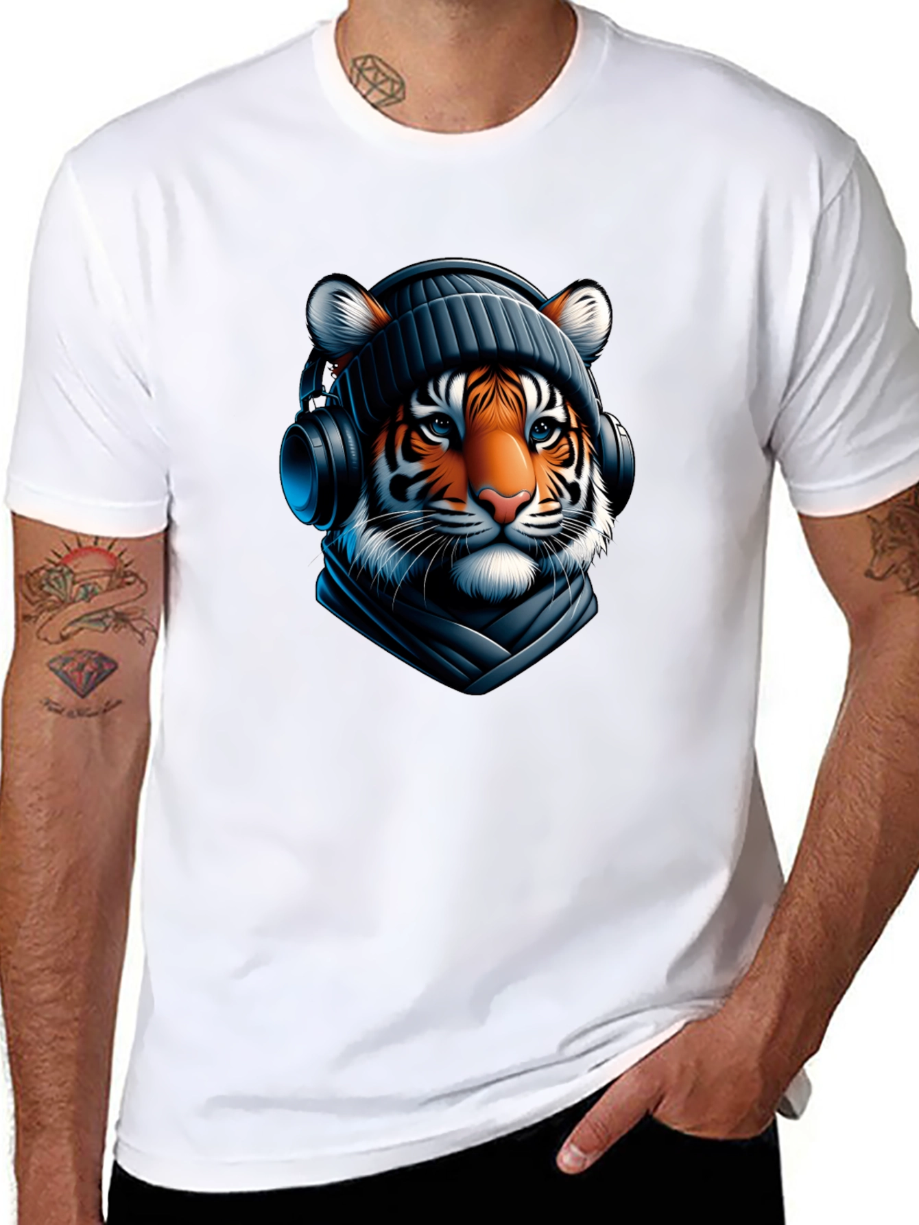 Black Tiger with Headphones Graphic Tee view 8