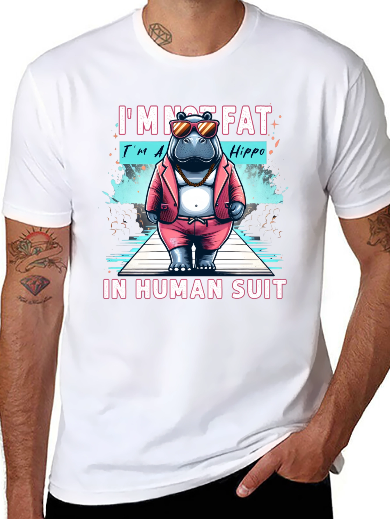 Black Funny Hippo in Human Suit Graphic Tee view 8