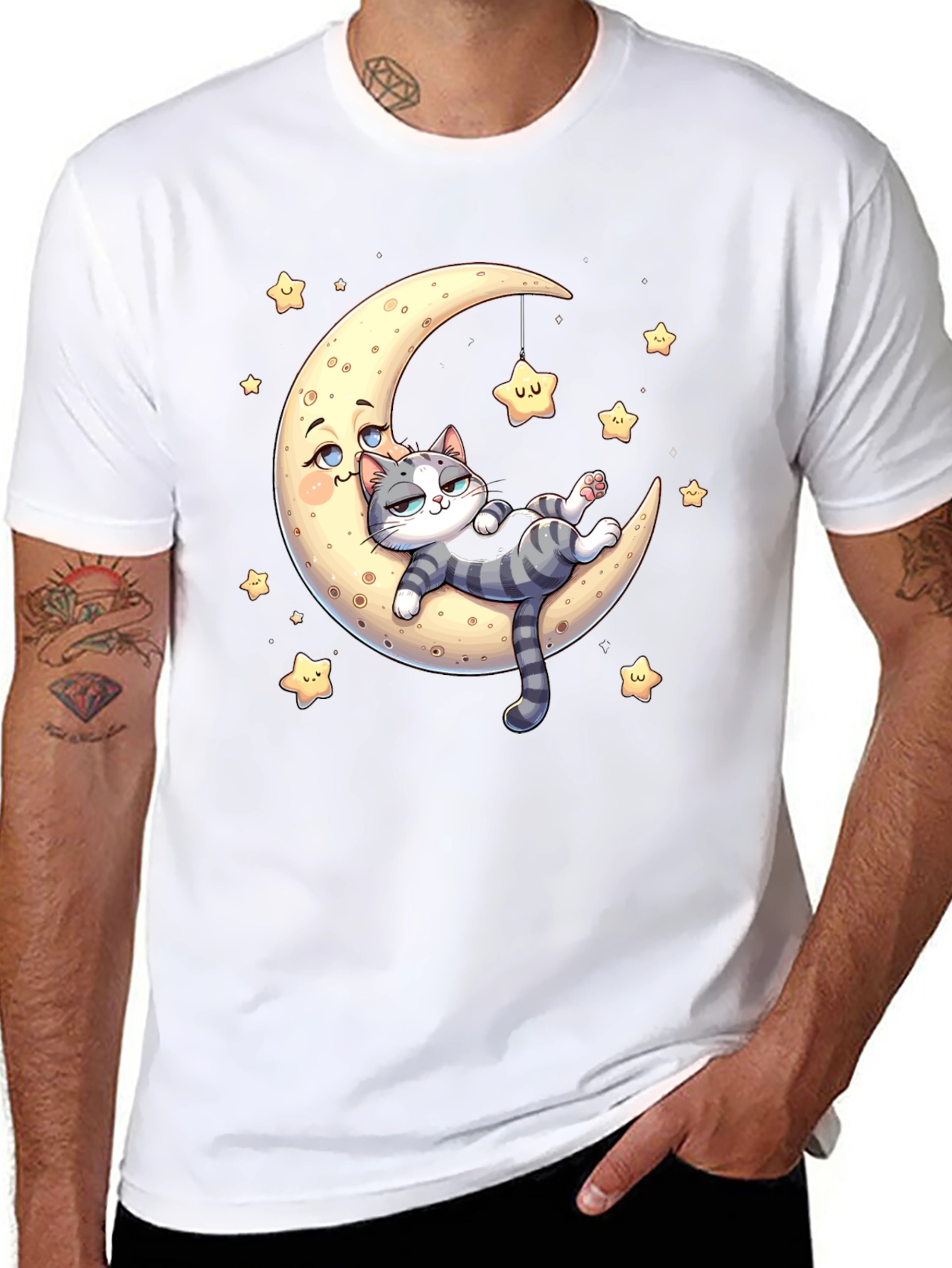 Black Cute Cat Moon Graphic T-Shirt view 8