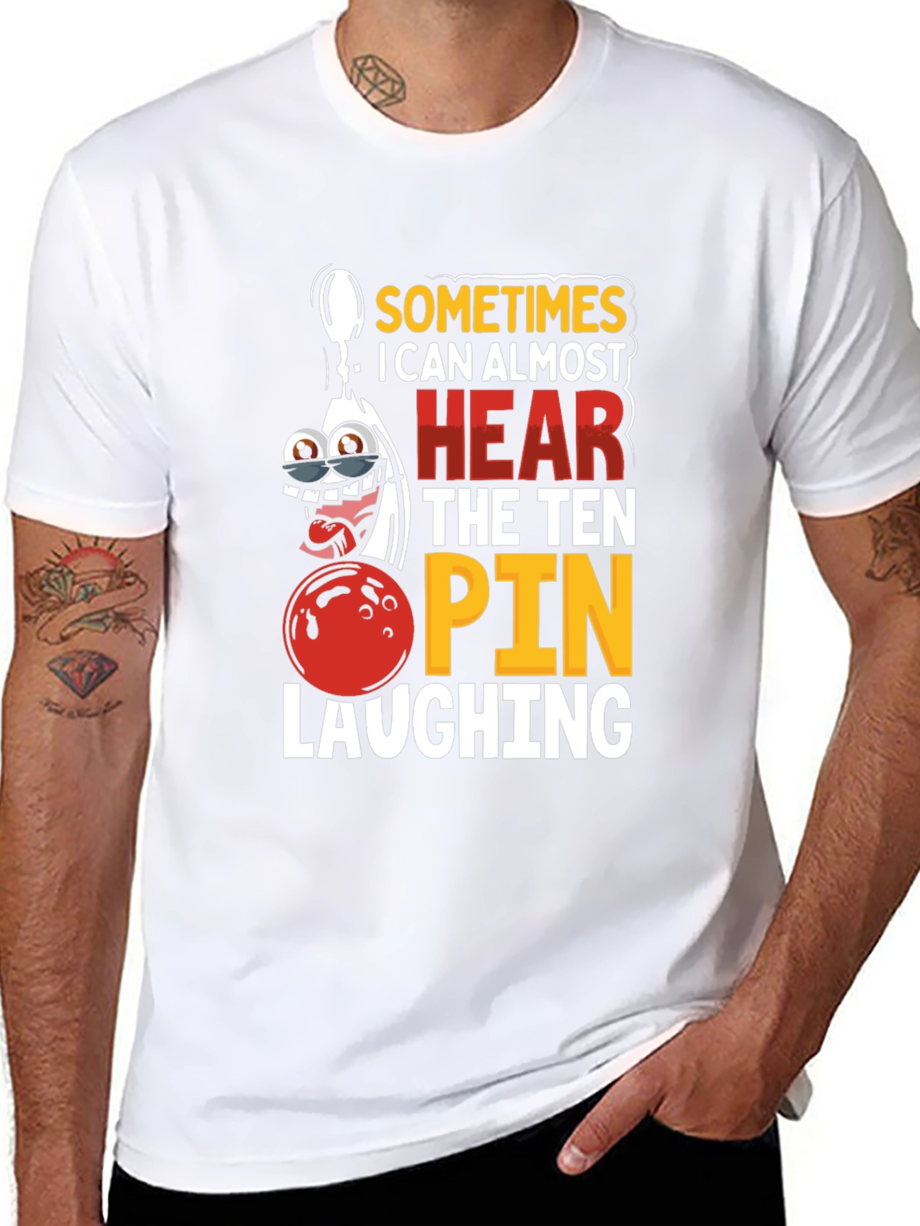 Black Funny Bowling T-Shirt: Ten Pin Laughing Graphic Tee view 8