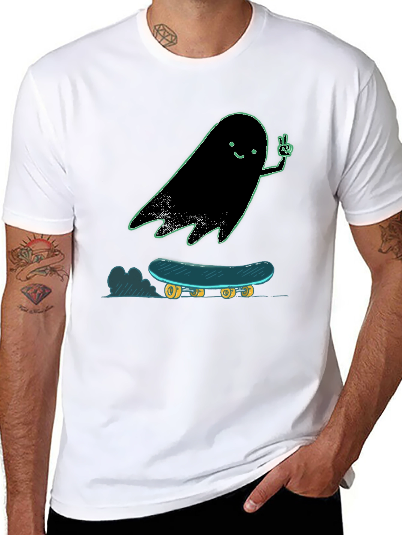 Black Ghost Skateboard Tee - Cool Graphic Print Shirt view 8