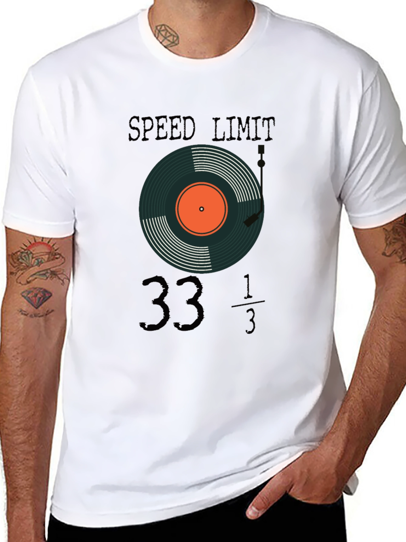 Black Speed Limit 33 1/3 RPM Record Player T-Shirt view 8