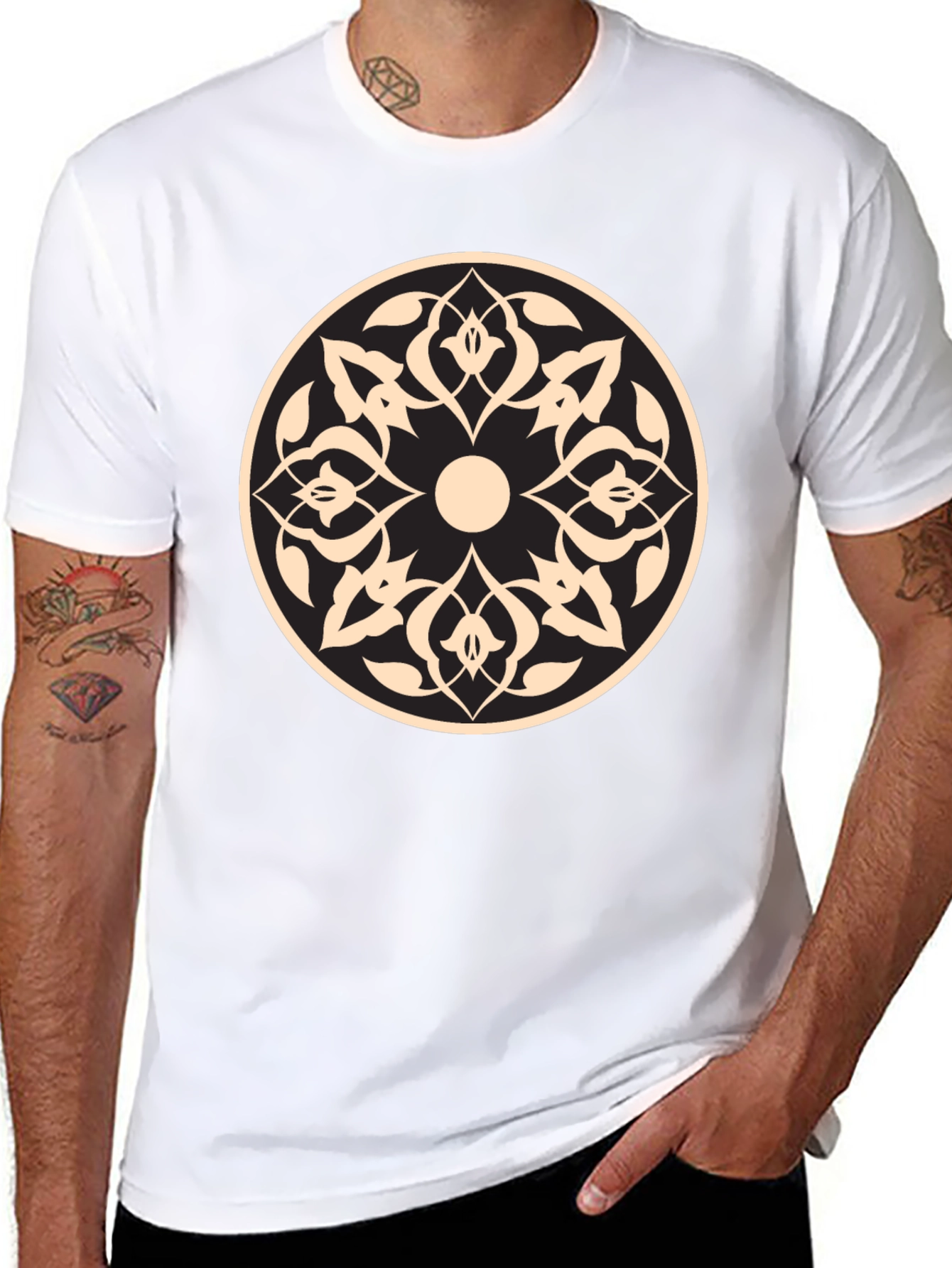 Black Black T-Shirt with Beige Geometric Mandala Design view 8