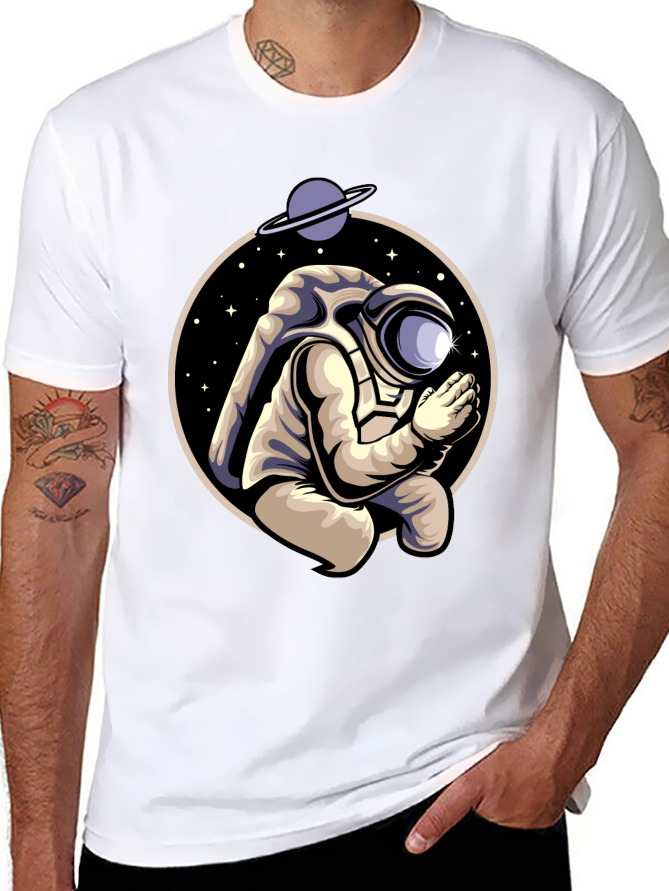 Black Praying Astronaut Graphic Tee - Unique Space Design view 8