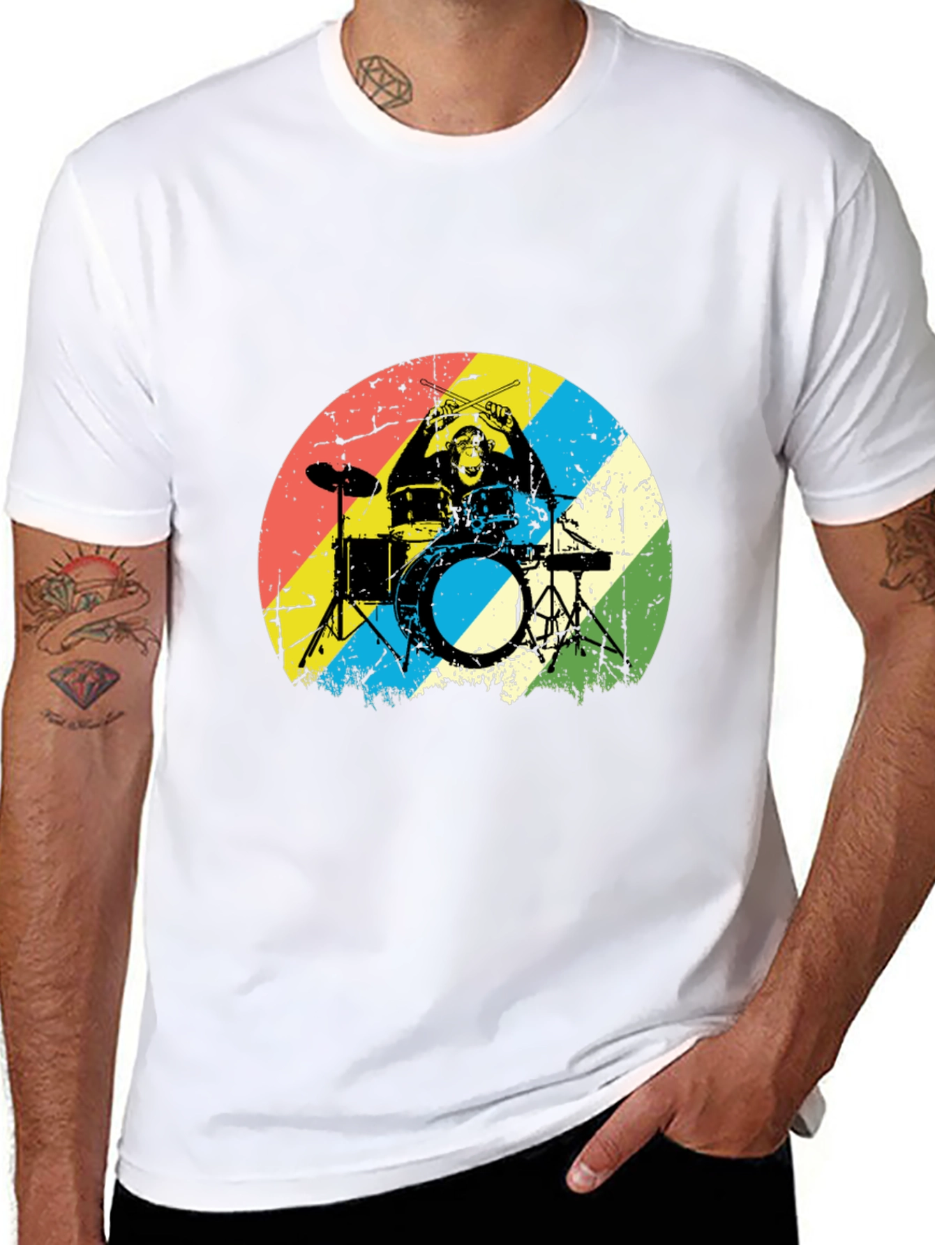 Black Monkey Drummer Graphic Tee - Retro Style Black T-Shirt view 8