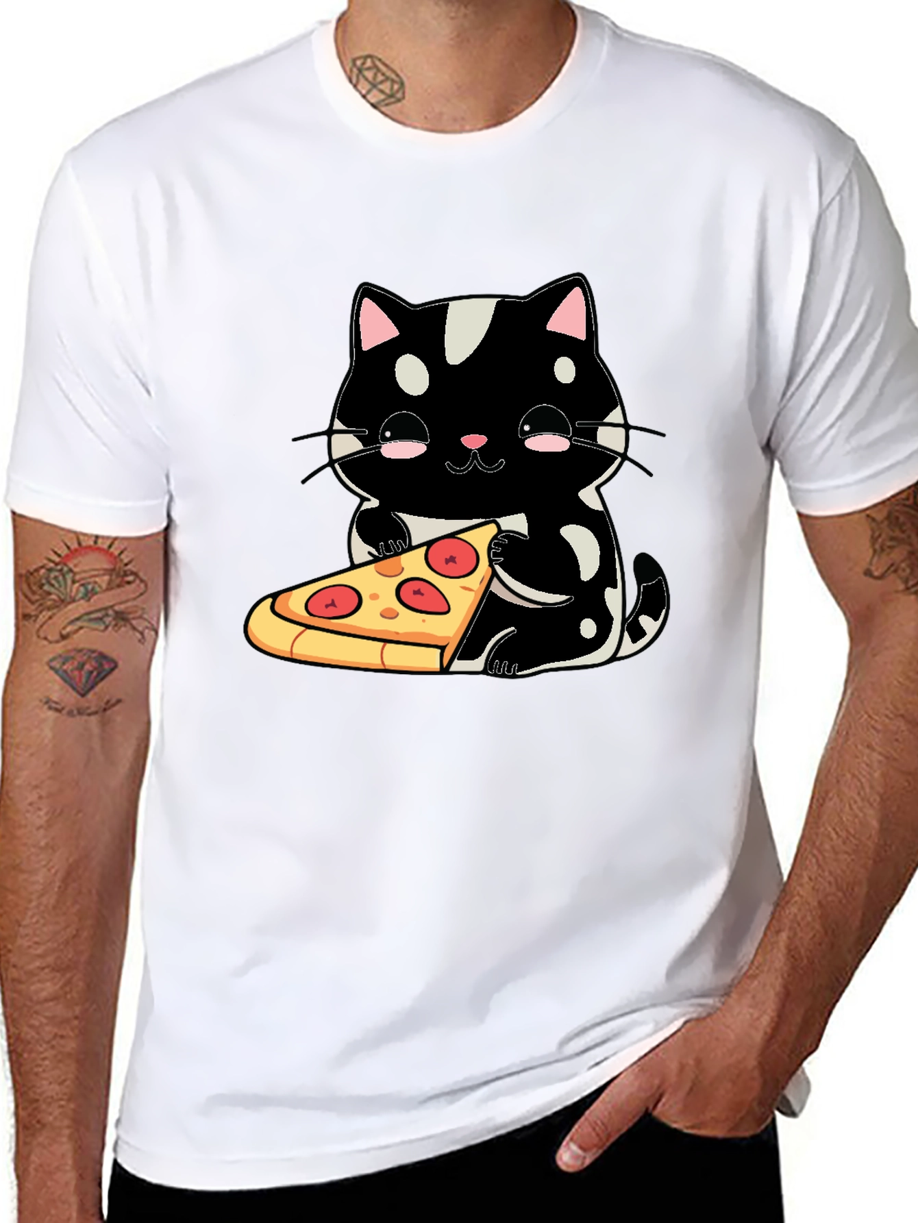 Black Cute Cat Pizza Graphic Tee - Black Cotton T-Shirt view 8