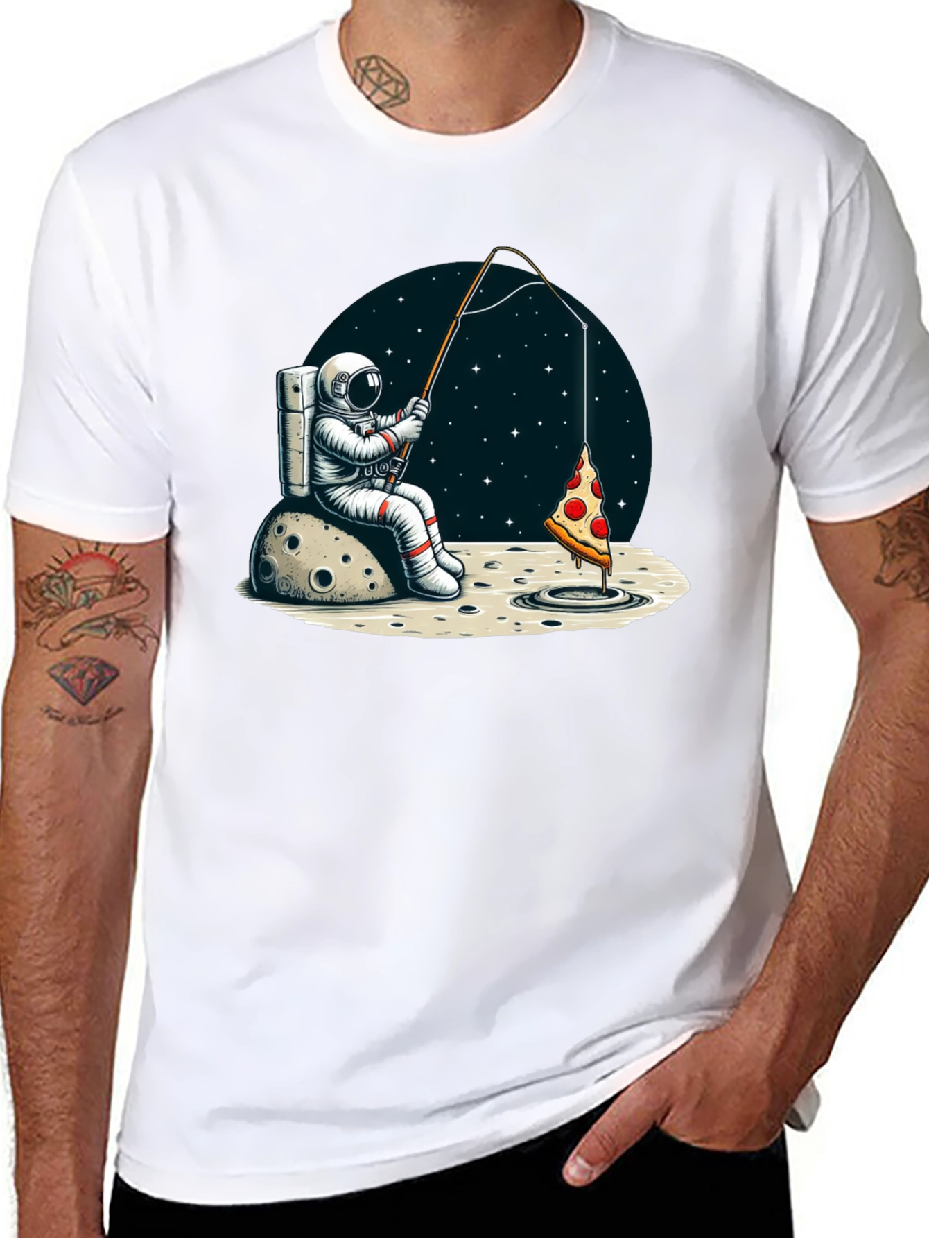 Black Astronaut Fishing for Pizza T-Shirt view 8