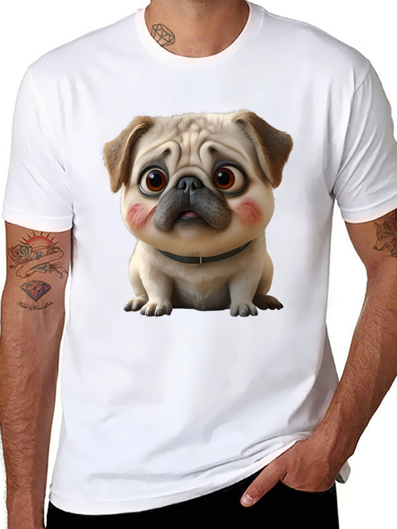 Black Cute Cartoon Pug Dog Black T-Shirt view 8