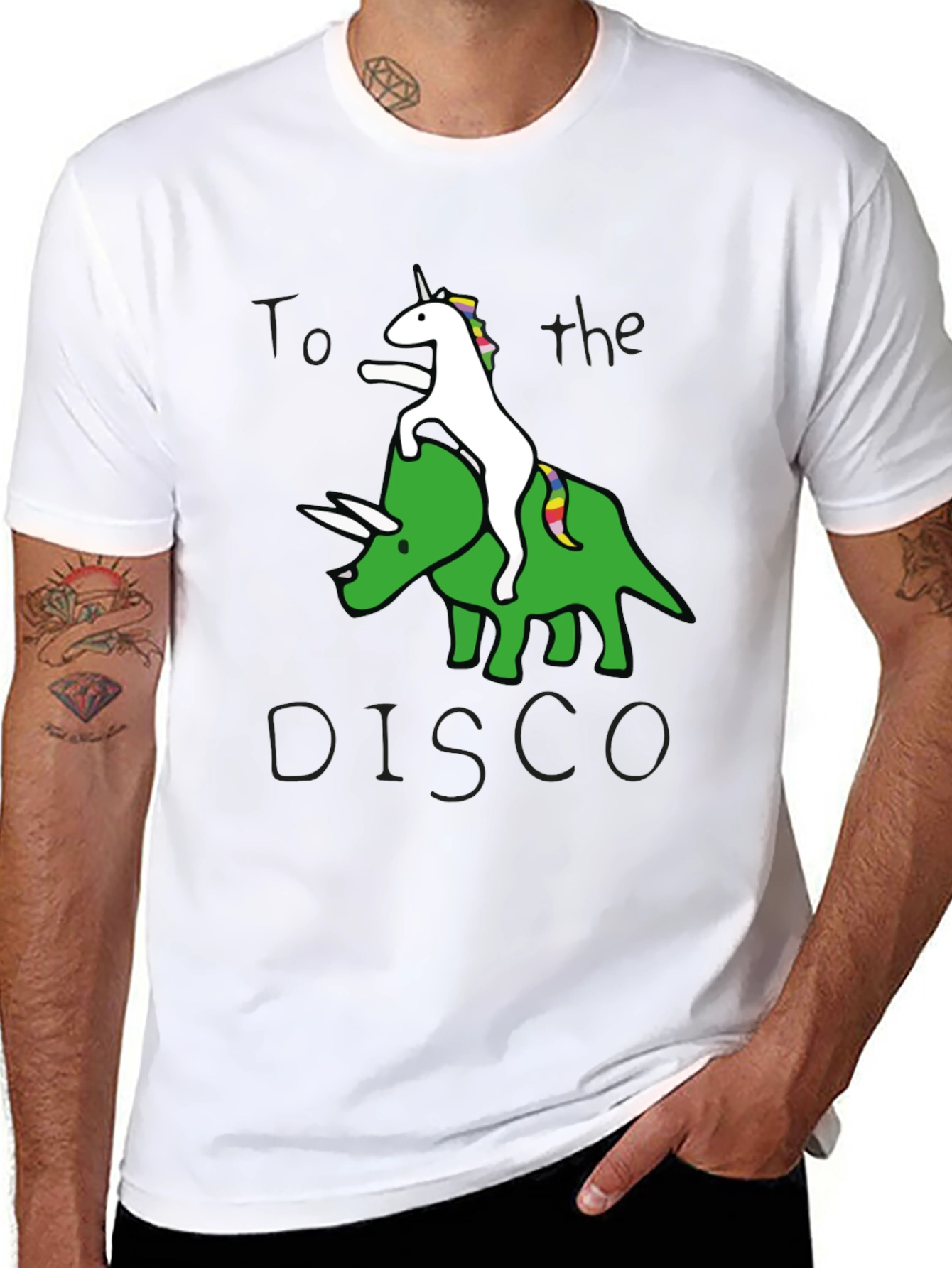 Black Unicorn Riding Triceratops to the Disco Graphic Tee view 8