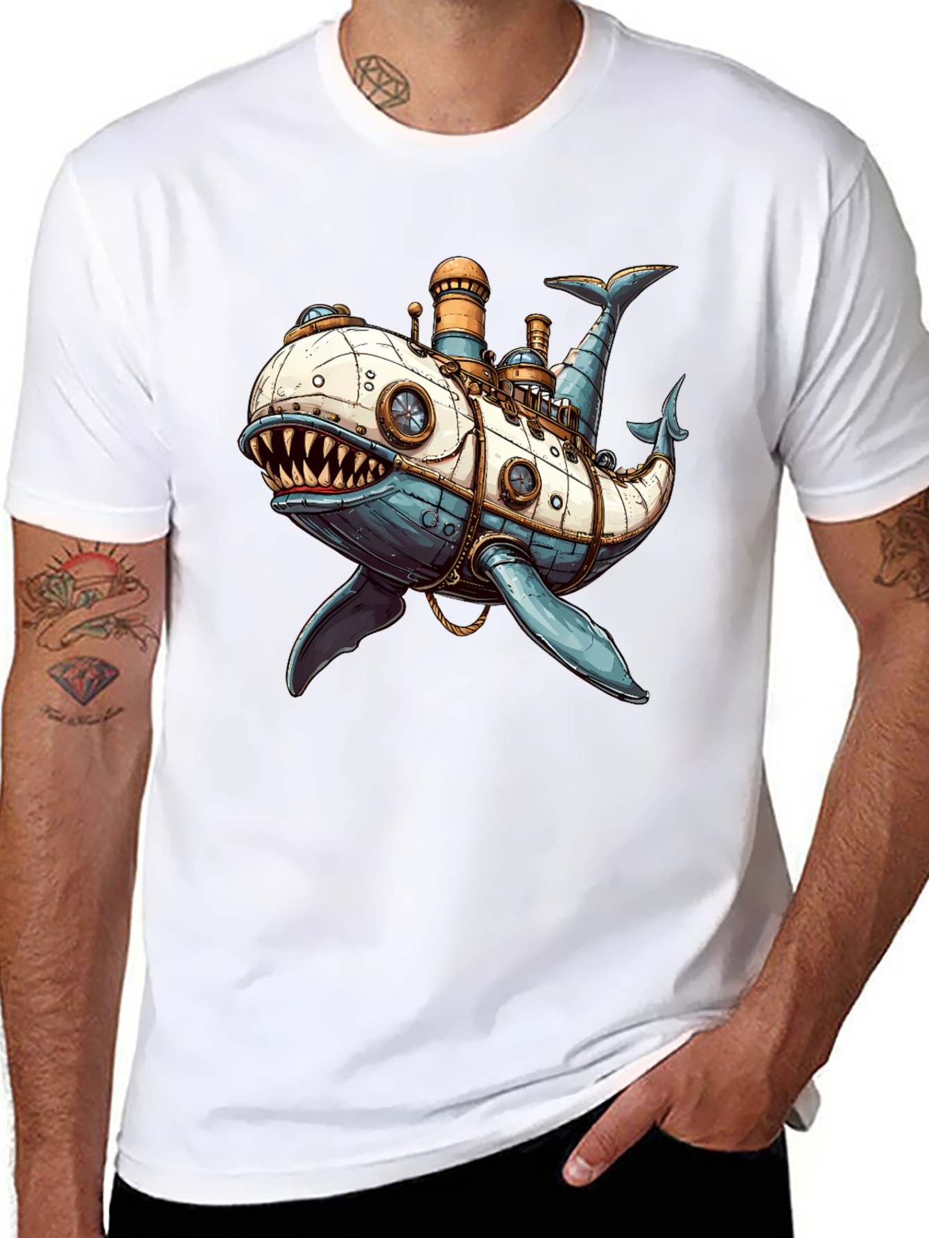 Black Steampunk Whale T-Shirt - Unique Design view 8