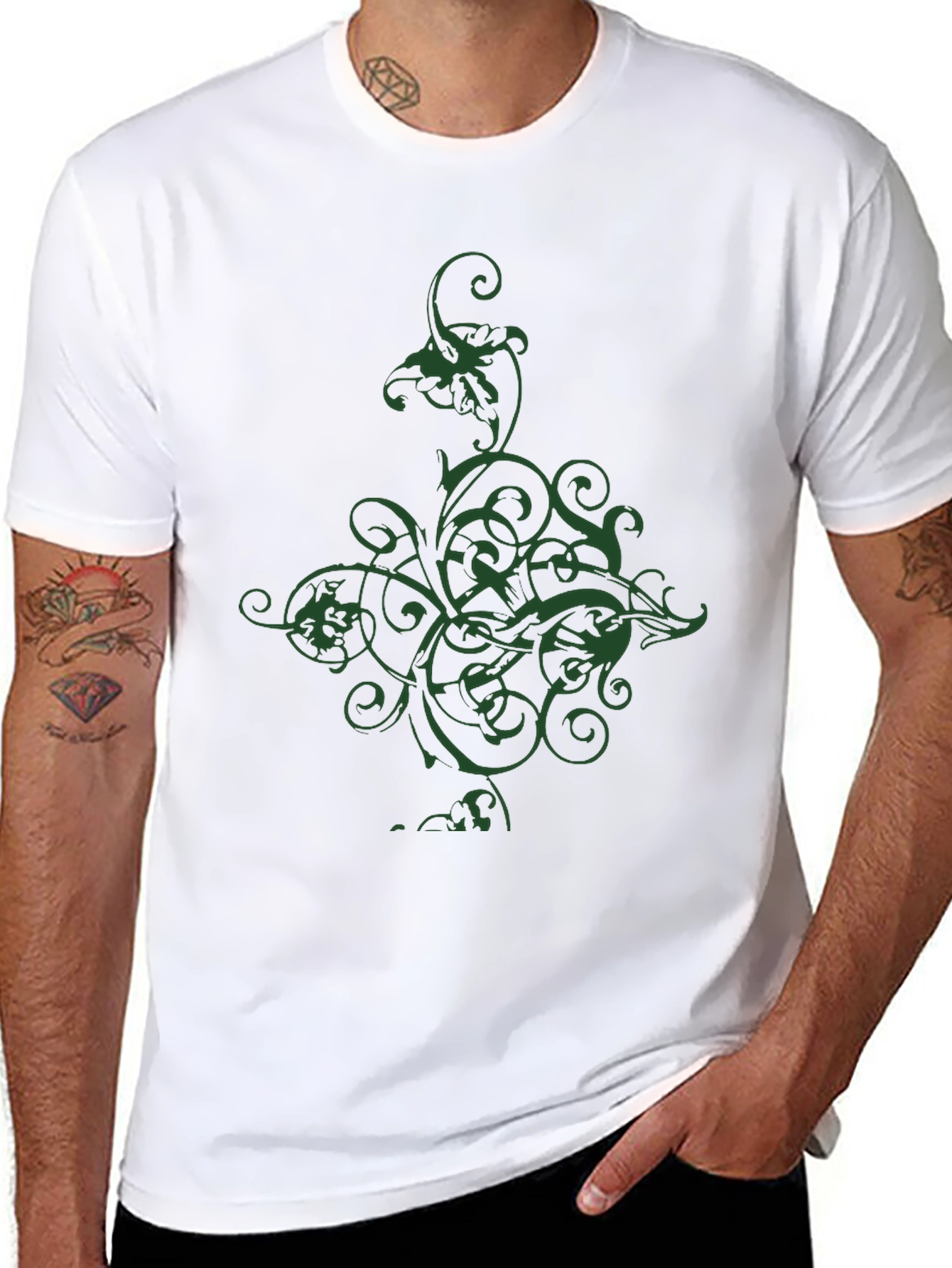 Black Men's Black T-Shirt with Green Floral Graphic view 8
