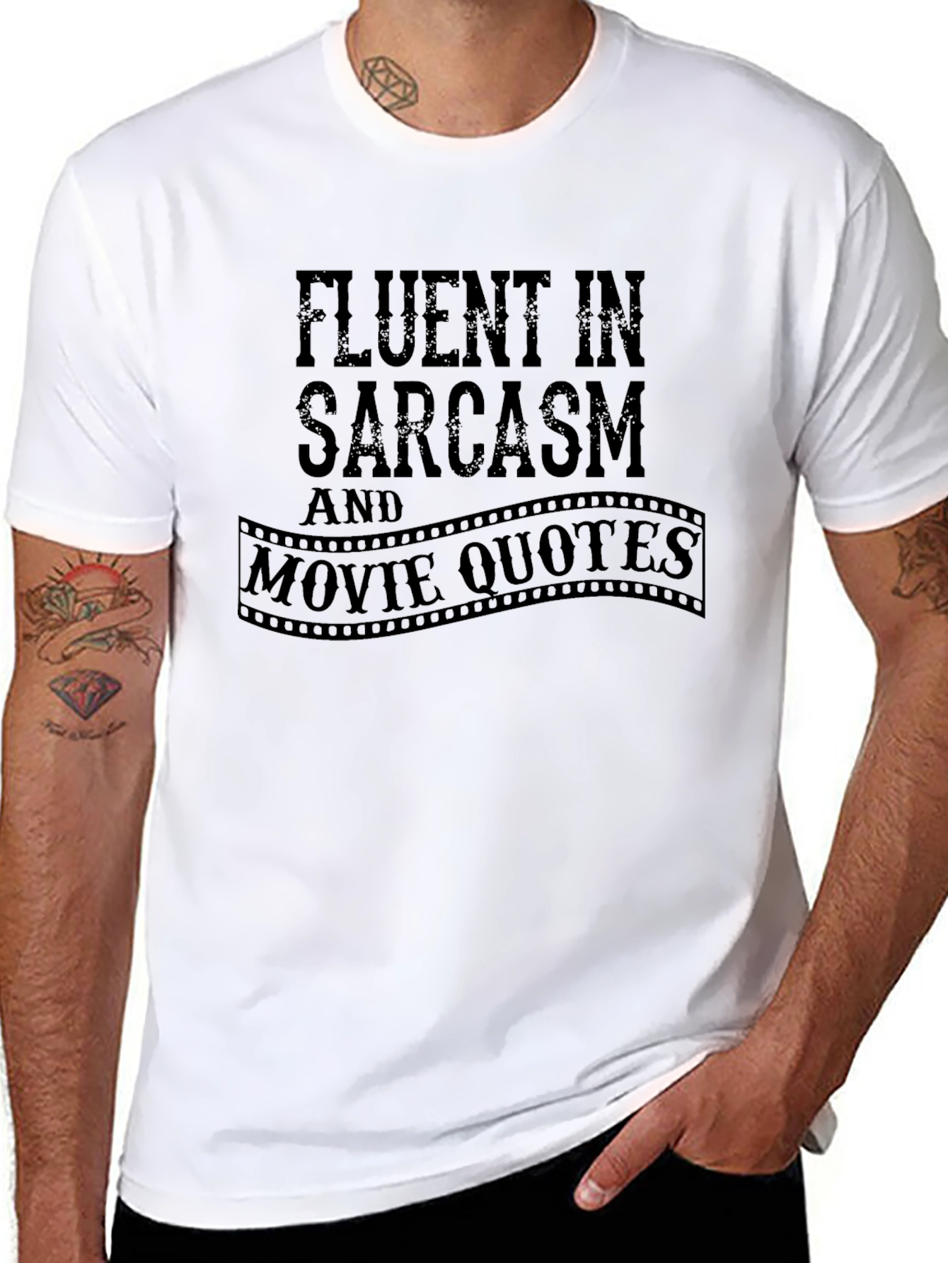 Black Fluent in Sarcasm and Movie Quotes Black Graphic Tee view 8