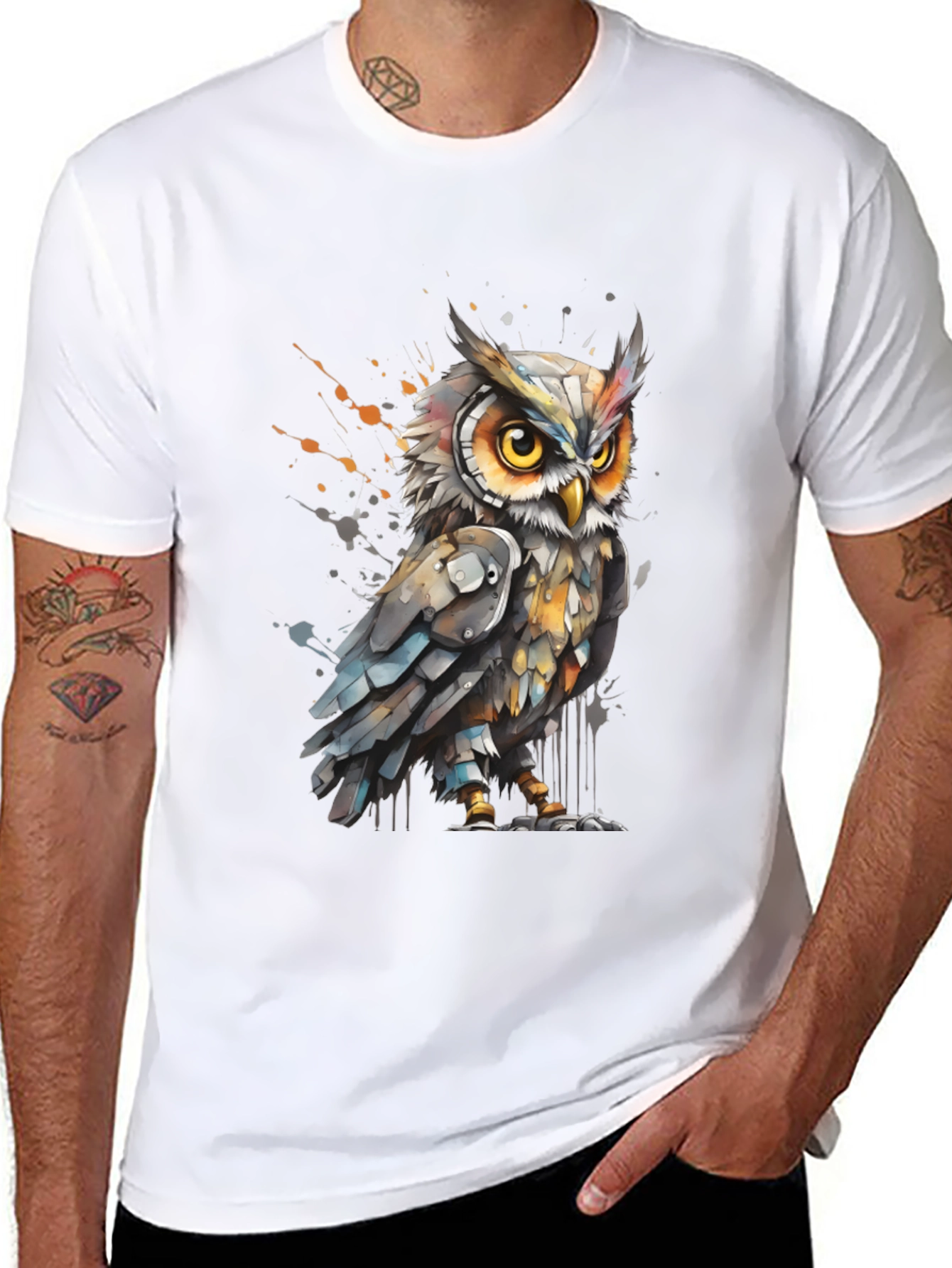Black Artistic Owl Graphic Tee - Cool Bird T-Shirt view 8