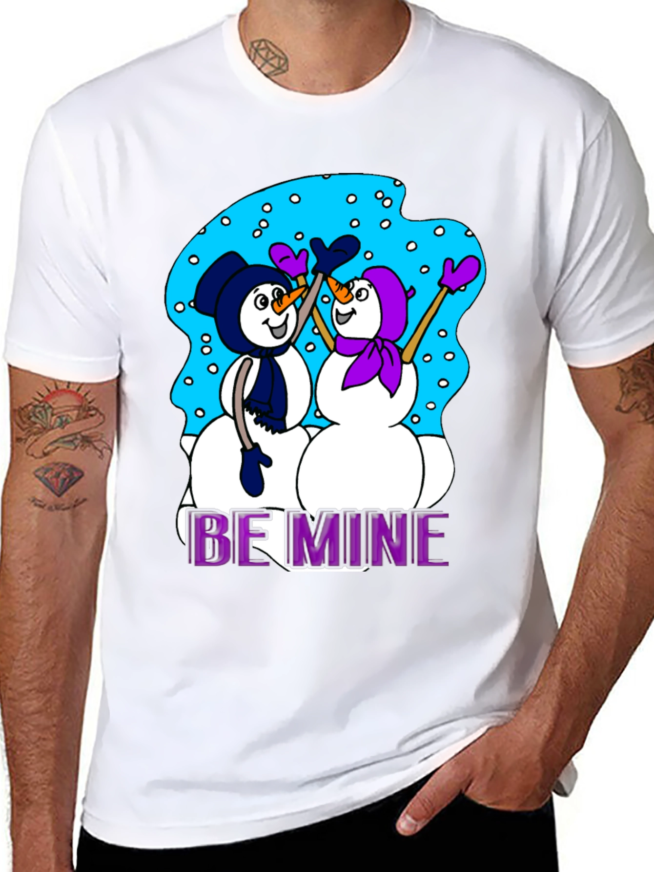 Black Snowman T-Shirt: "Be Mine" Valentine's Day Black Tee view 8
